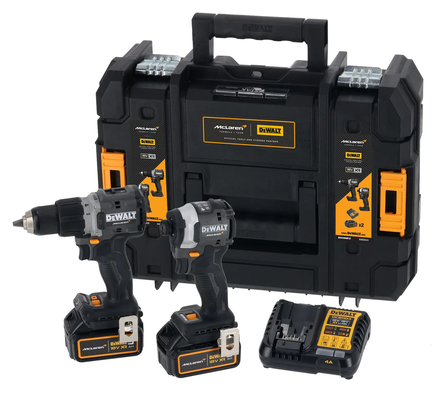 KIT McLaren XR 18V = DCD85M Taladro Percutor + DCF85M Atornillador Impacto + 2 baterías Li-Ion 5Ah + maletín TSTAK