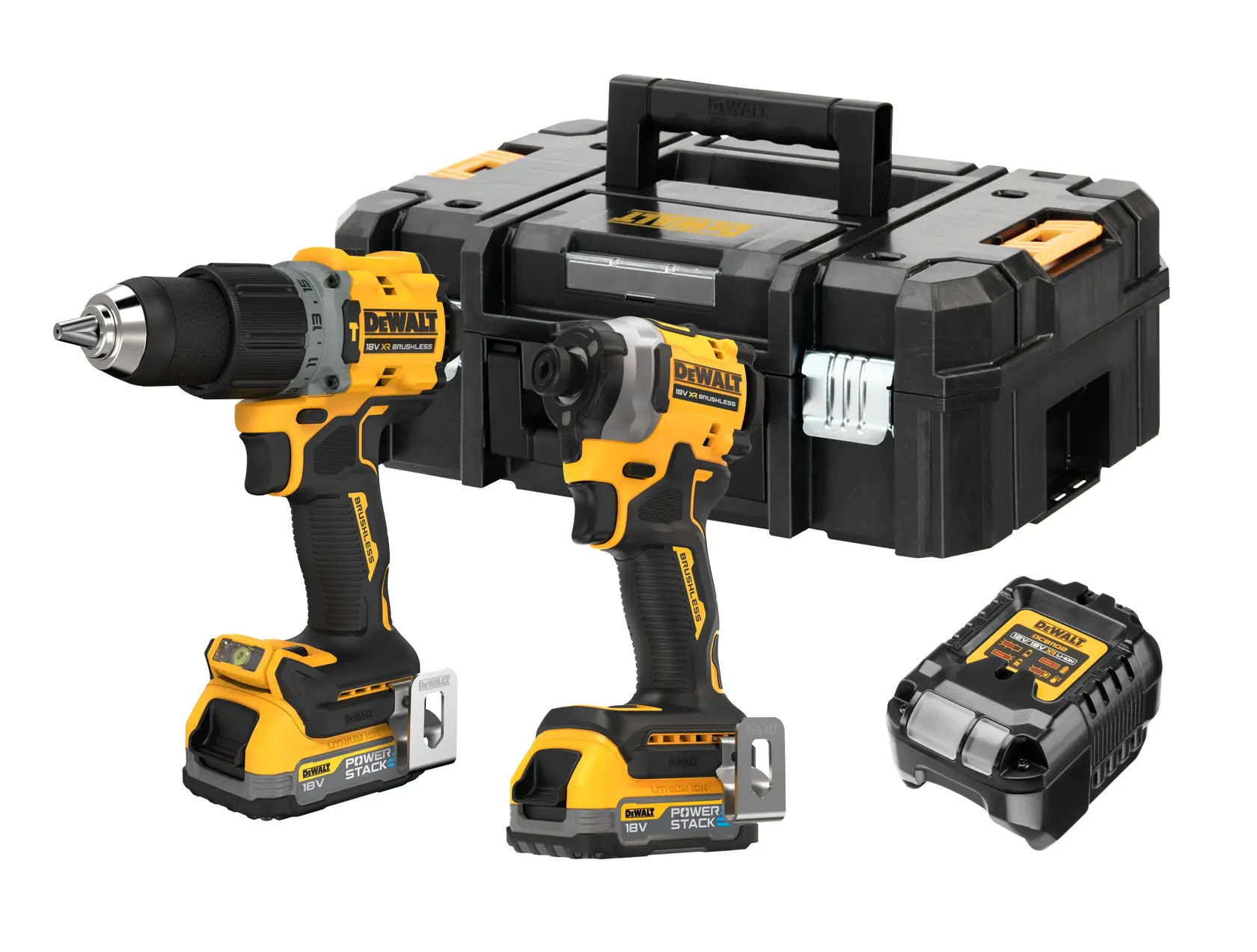 Kit DEWALT con dos herramientas inalámbricas, cargador y maletín rígido.