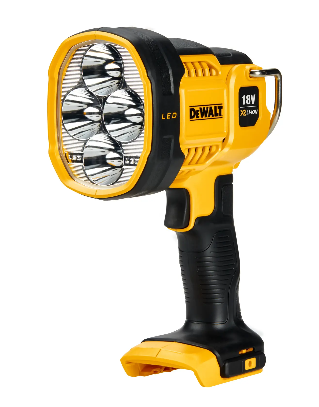 Lampe de travail portable LED DeWALT 20V MAX avec un design jaune et noir. L’appareil possède une poignée robuste, un crochet en métal pour suspendre et une grande tête de lampe LED.