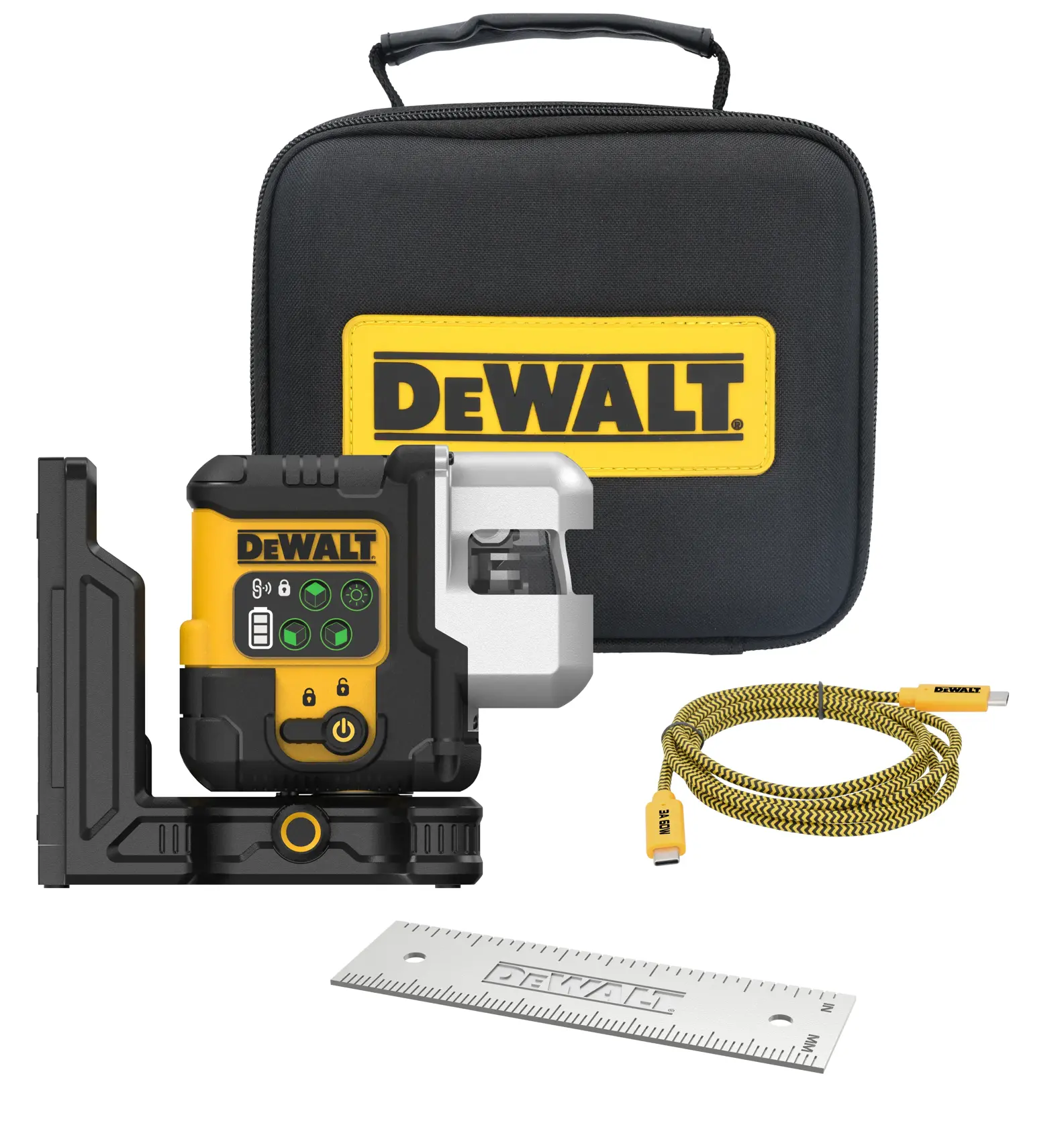 Kit de nivel láser DEWALT con estuche de transporte negro, dispositivo de nivel láser amarillo y negro, cable USB amarillo y una regla metálica, todo mostrado junto.
