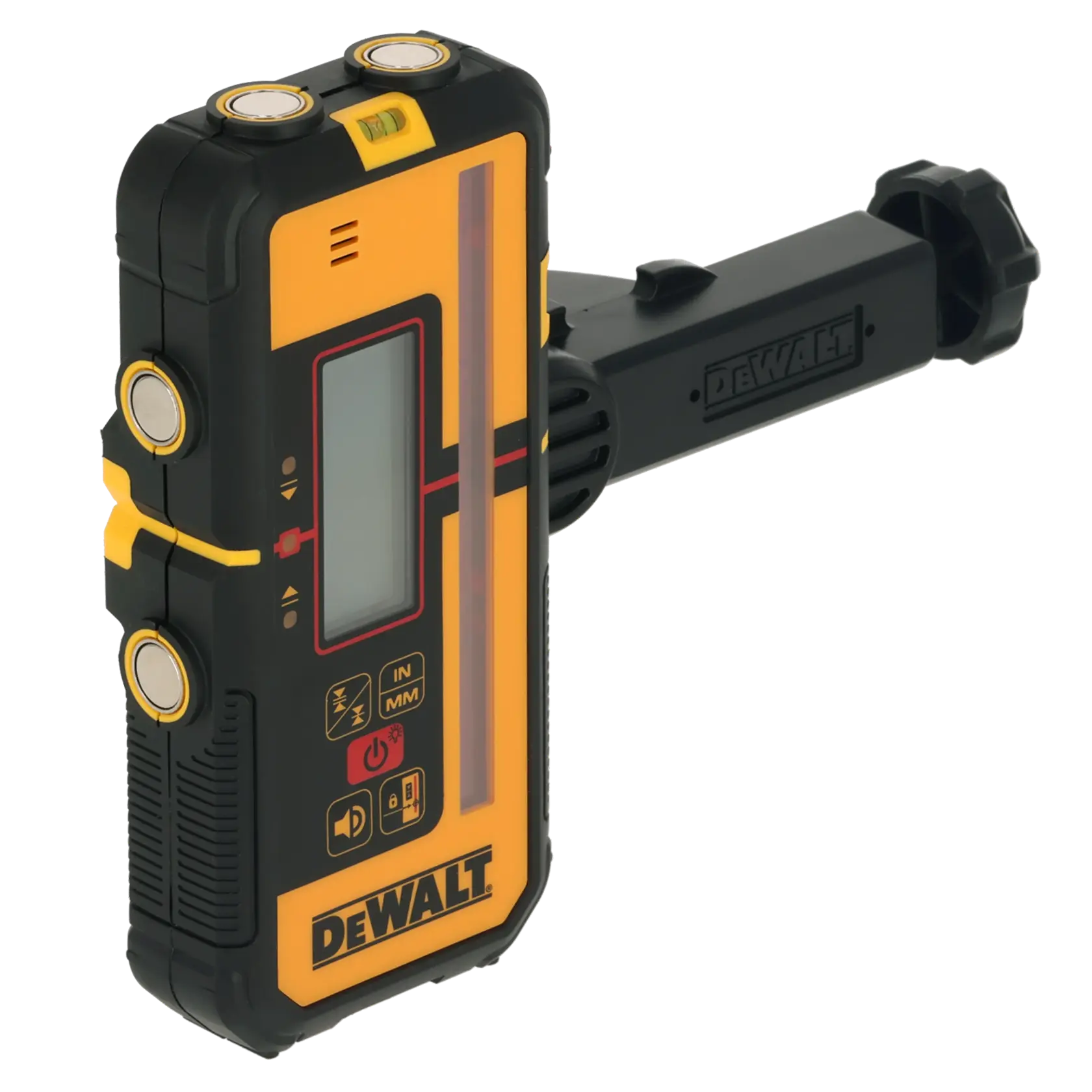 Herramienta fotográfica DEWALT DCLE15211R, DCLE15211R-QW con pantalla y soporte, diseño compacto amarillo y negro.