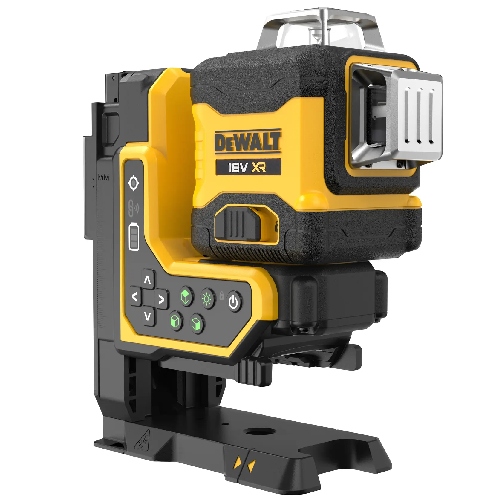 Nivel láser DEWALT 18V XR amarillo y negro con botones de control y base visible.
