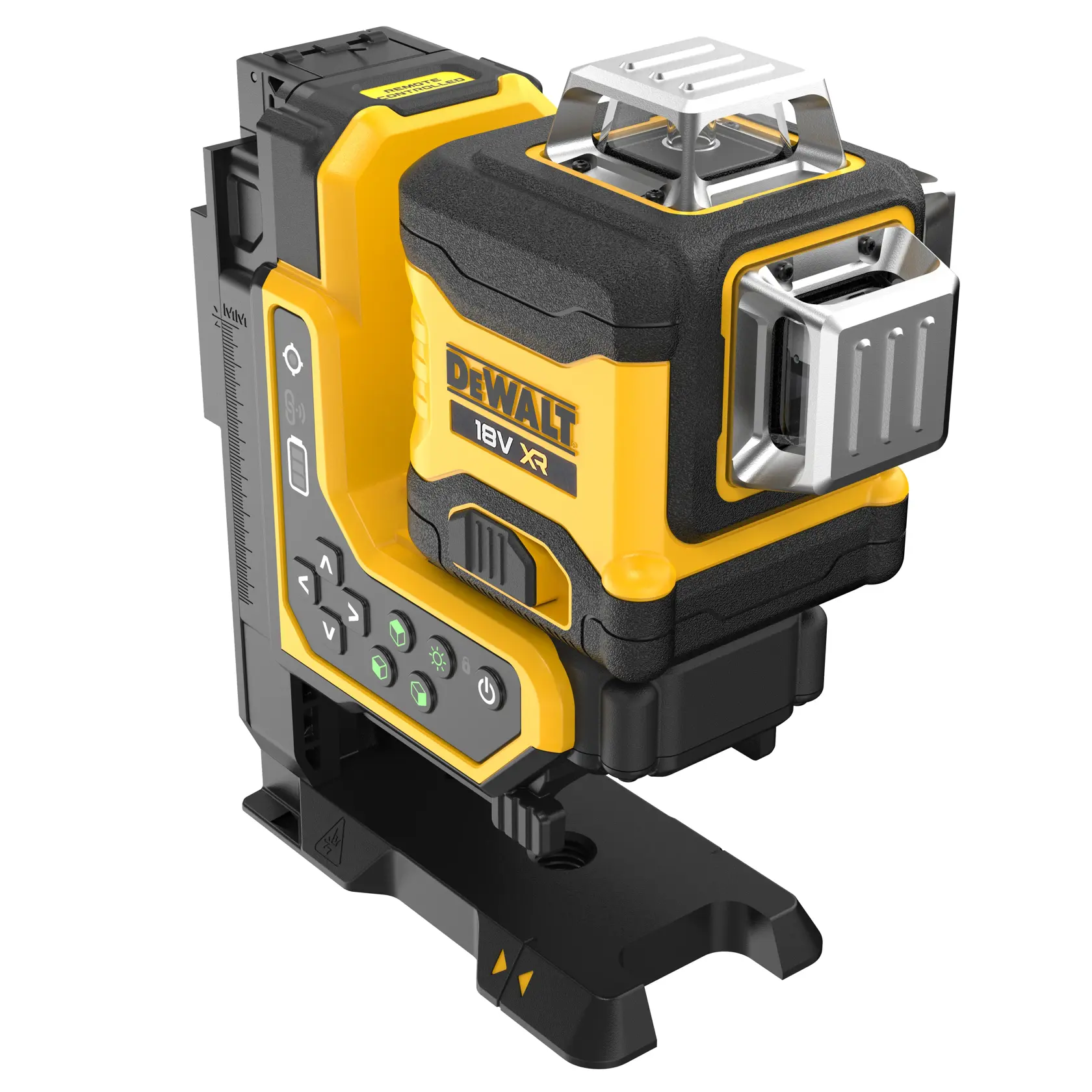 Nivel láser DEWALT 18V XR con botones de control y base de montaje para tareas de alineación precisa.