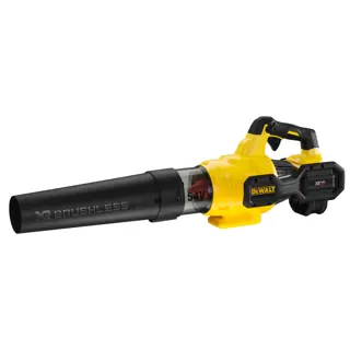 Un soplador de hojas inalámbrico amarillo y negro con la marca 'XR Brushless' y 'DEWALT' visible en el lateral.