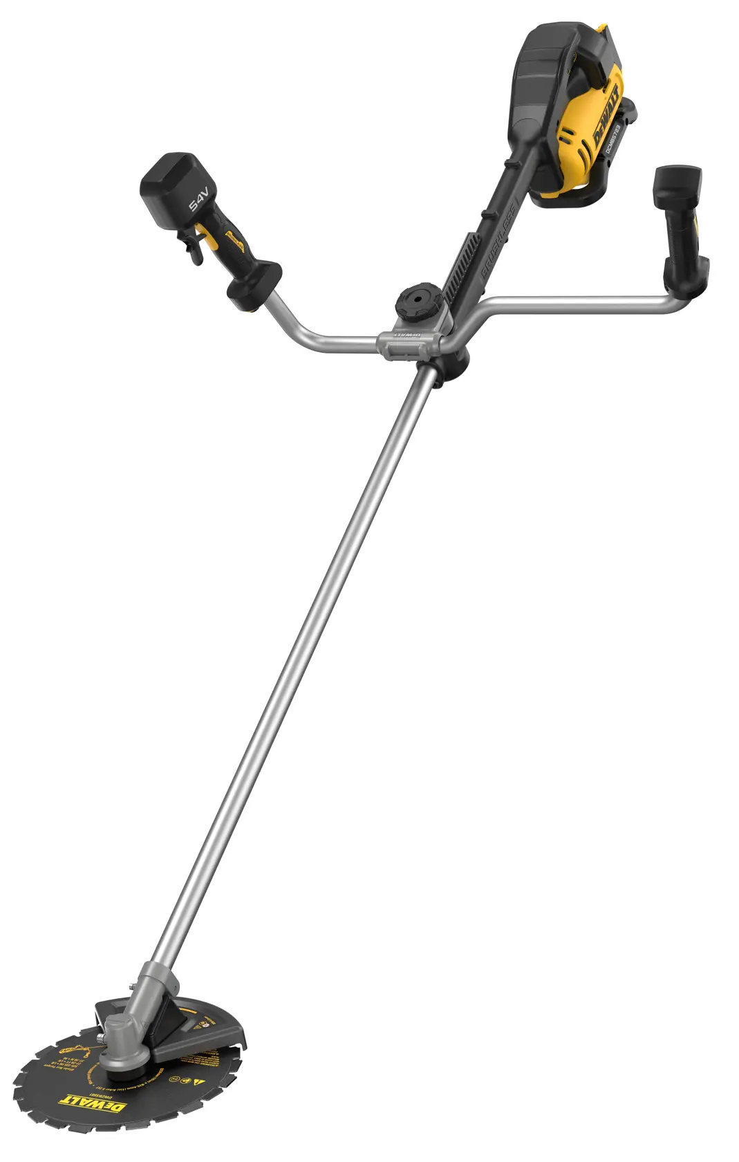 DEWALT DCMBC723N-XJ, DCMBC723N desbrozadora. Herramienta amarilla/negra con cuchilla metálica y asas.