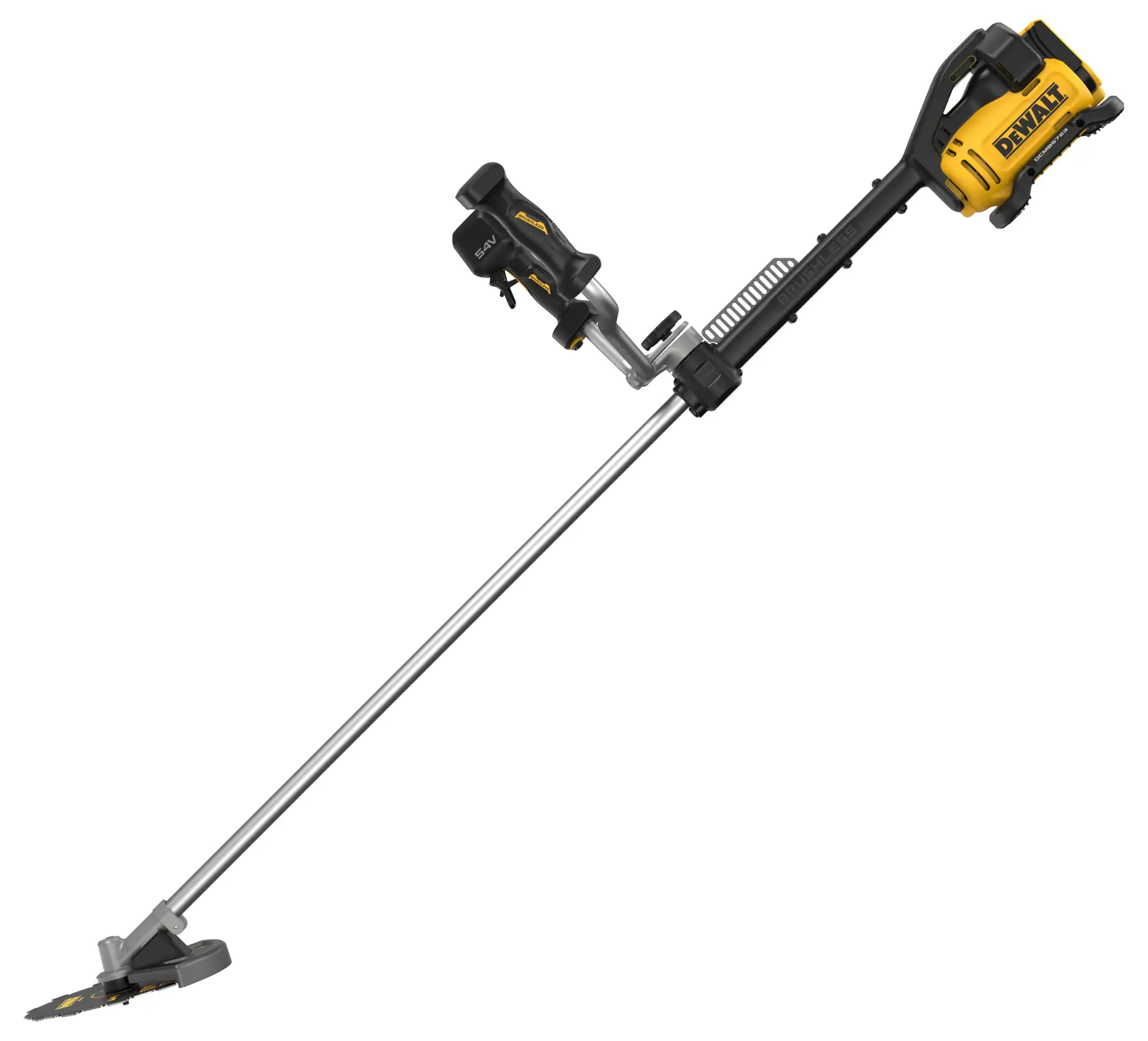 Desbrozadora DEWALT DCMBC723N-XJ, DCMBC723N para fotografía. Mango largo, inalámbrica, amarillo-negro.