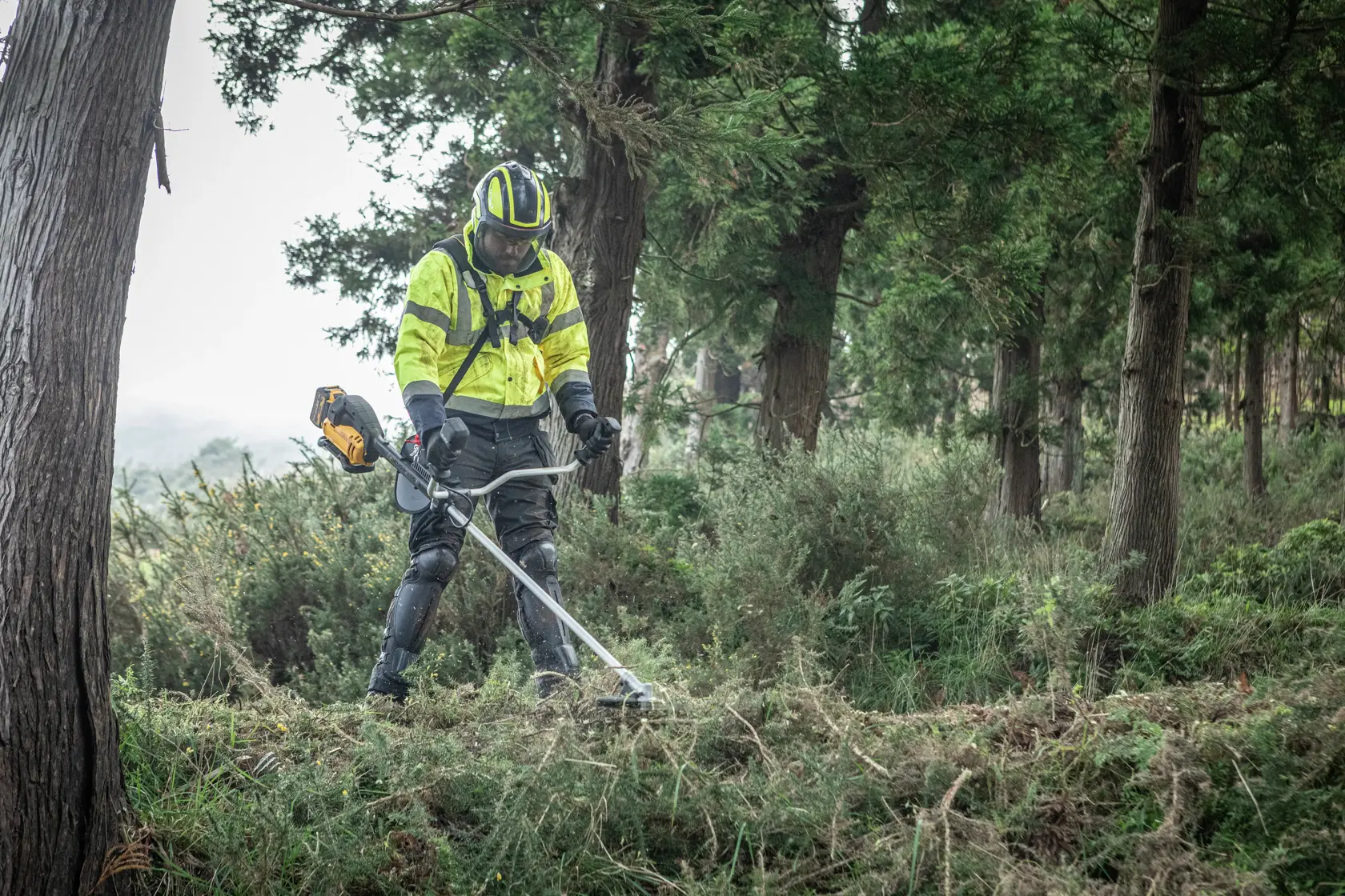 Trabajador usa desbrozadora DEWALT DCMBC723N-XJ, DCMBC723N en exterior forestal.