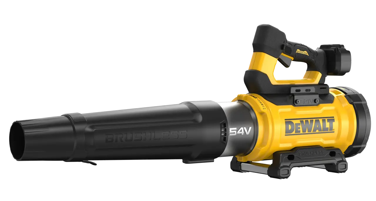 Soplador de hojas inalámbrico DEWALT 54V con motor sin escobillas, mostrado en colores negro y amarillo.