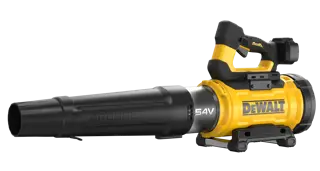 Soplador de hojas inalámbrico DEWALT 54V con motor sin escobillas, mostrado en colores negro y amarillo.