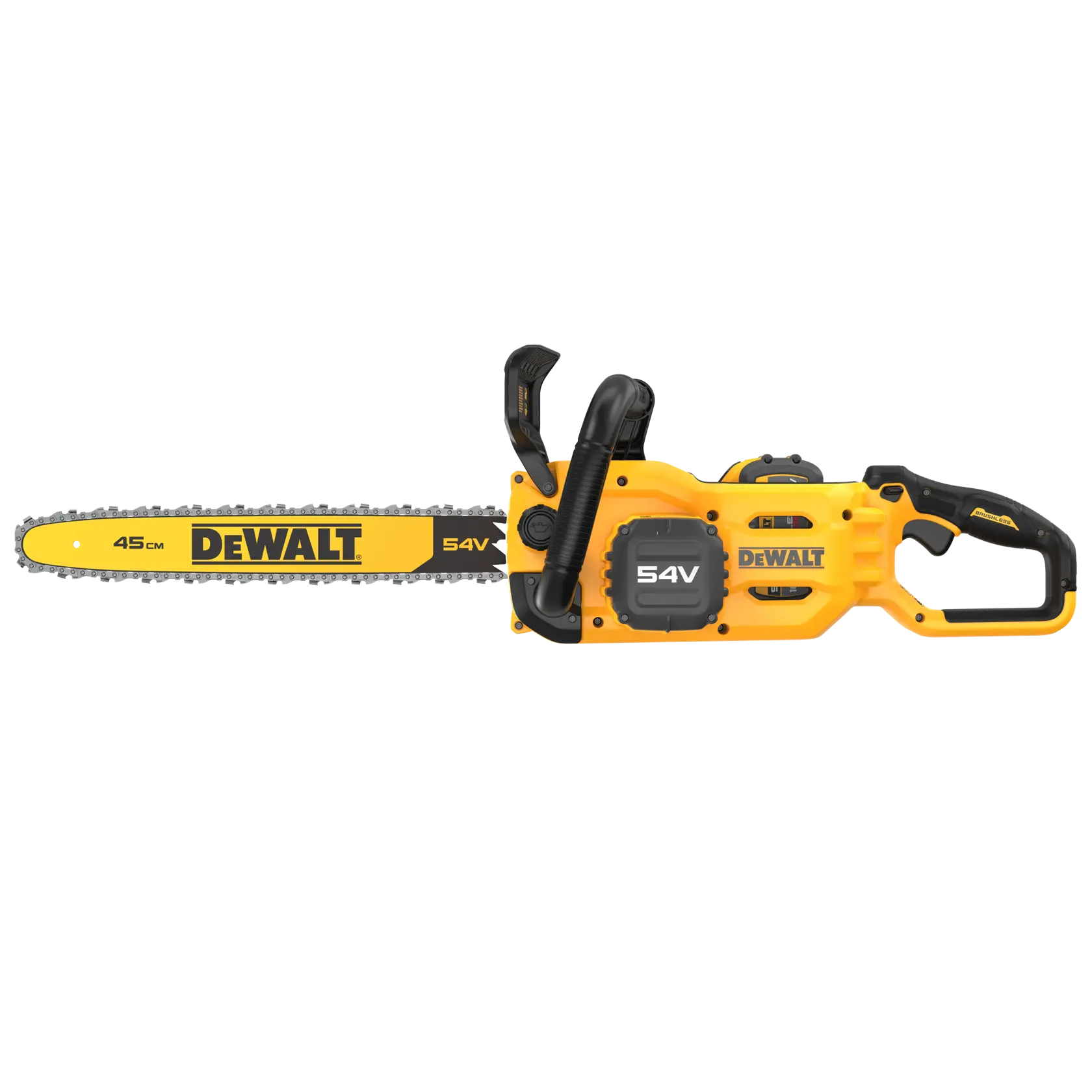 Motosierra DEWALT amarilla, 54V, DCMCS574X1, DCMCS574X1-QW, producto fotográfico, hoja 45cm.