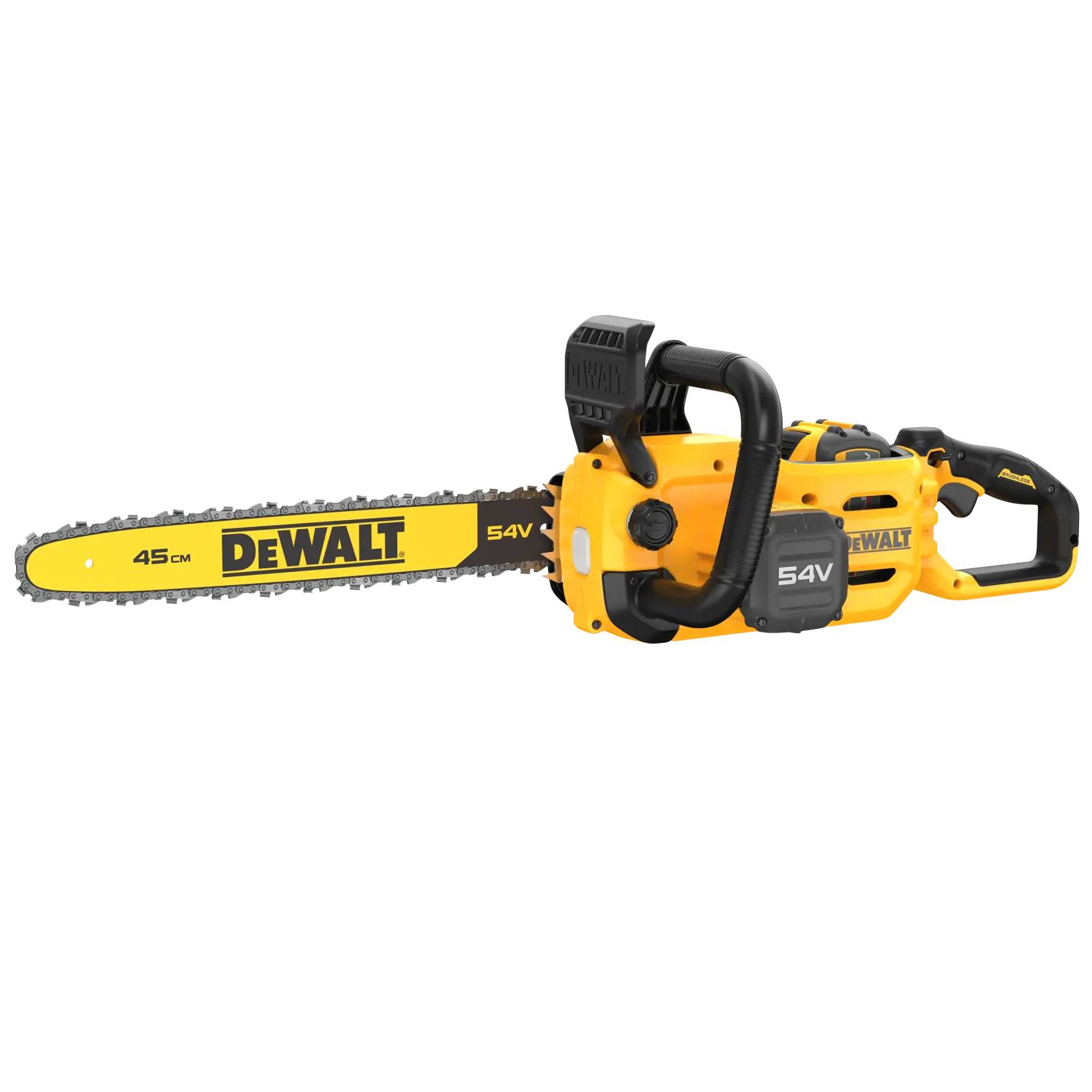 Motosierra DEWALT DCMCS574X1, DCMCS574X1-QW, 54V, hoja 45cm, diseño amarillo y negro.