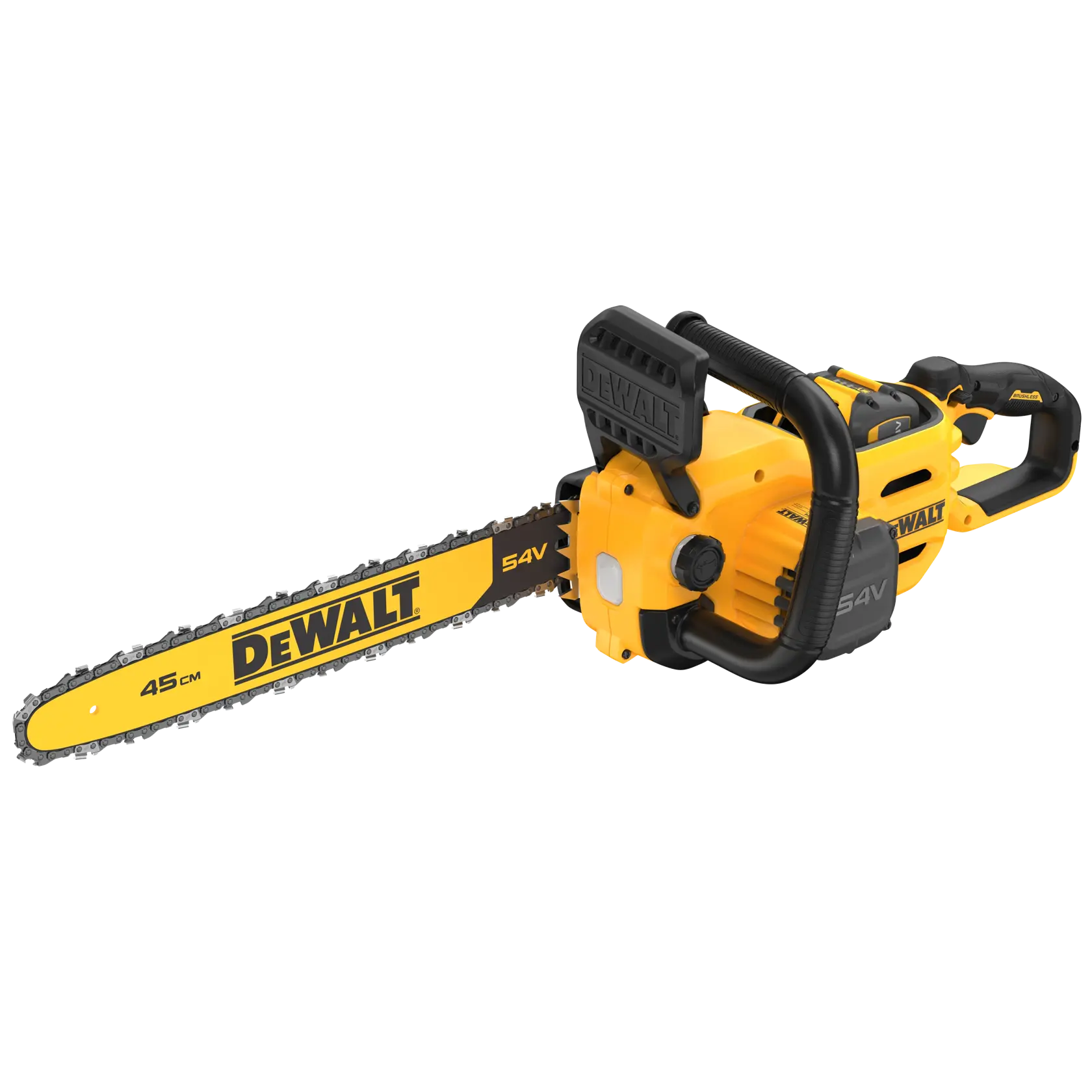 Motosierra DEWALT 54V, 45cm. SKUs DCMCS574X1, DCMCS574X1-QW. Diseño amarillo y negro.