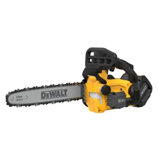 Una motosierra inalámbrica DEWALT de 54V, amarilla y negra, con una espada de 35 cm (14 pulgadas), mostrada sobre un fondo blanco.