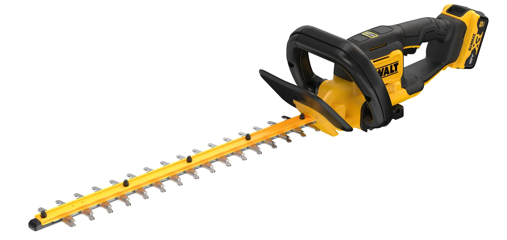 Cortasetos inalámbrico DEWALT amarillo y negro con hoja larga y mango ergonómico.