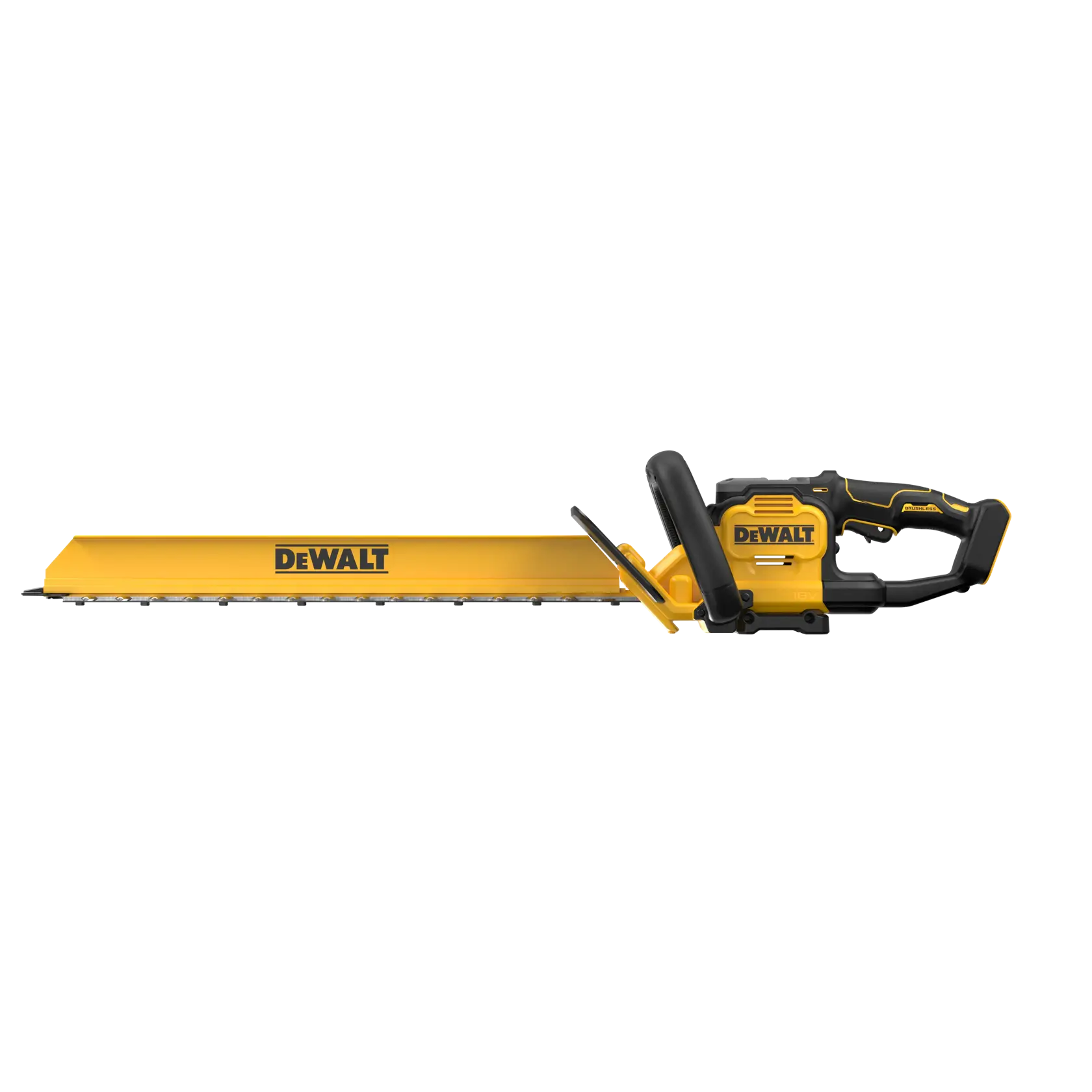 Cortasetos inalámbrico DEWALT DCMHT567N, DCMHT567N-XJ con hoja larga, diseño amarillo y negro.