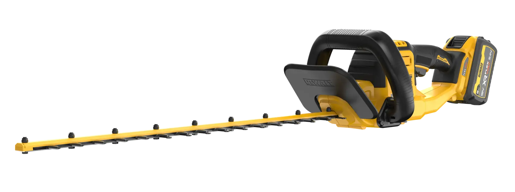 Cortasetos inalámbrico DEWALT con larga hoja amarilla y negra y mango ergonómico sobre fondo blanco.