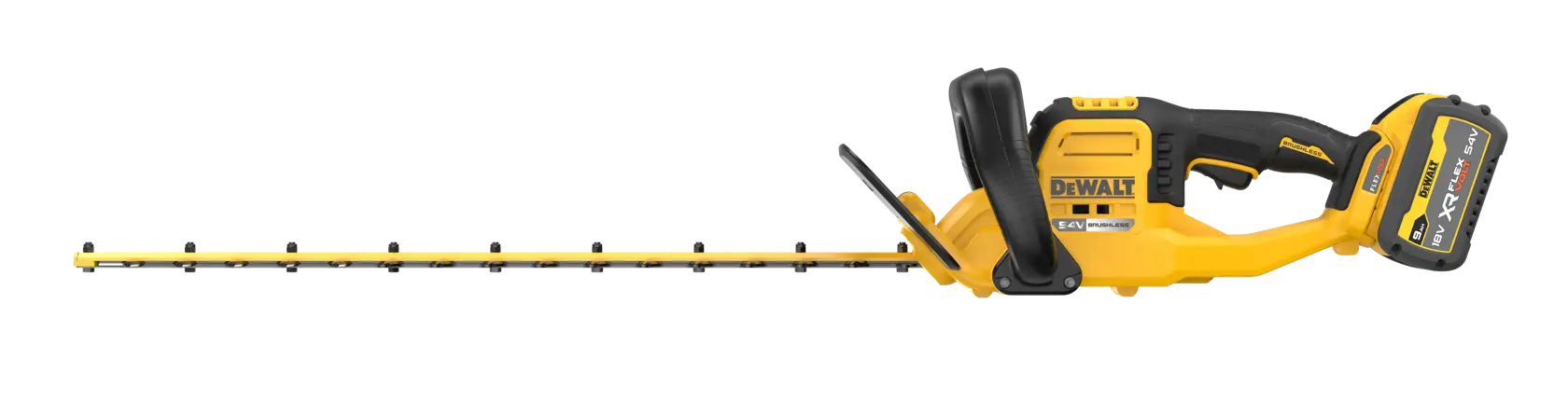 Cortasetos inalámbrico DEWALT amarillo y negro con batería, cuchilla larga y mango ergonómico, vista lateral.