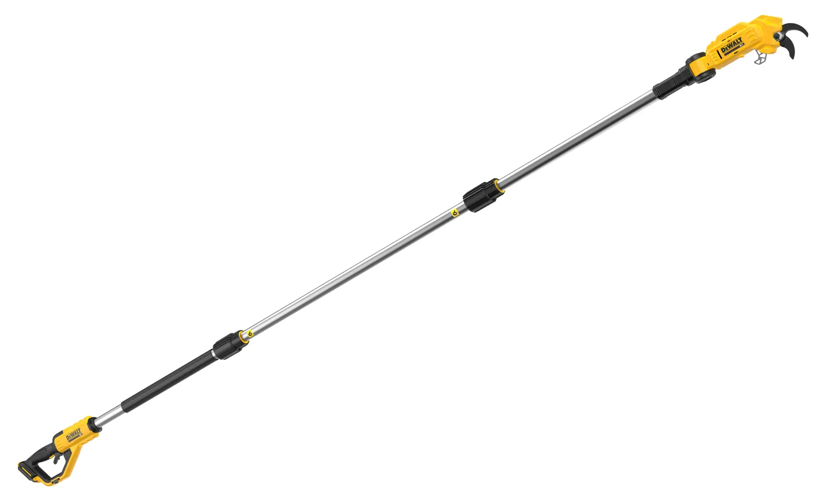 Podadora telescópica inalámbrica DEWALT con mango amarillo para cortar ramas de árboles.