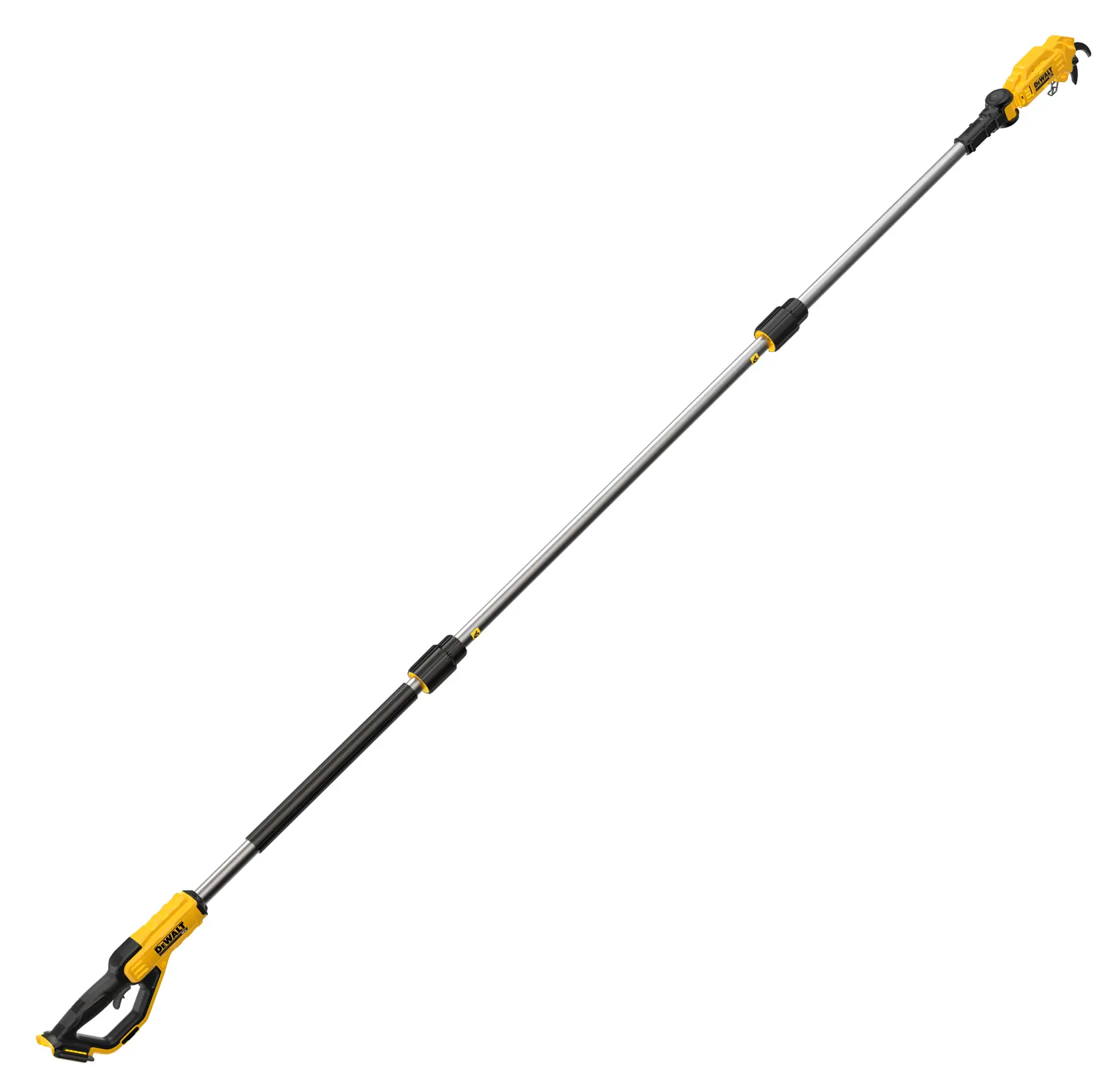 Sierra telescópica larga con mango amarillo y negro, ideal para cortar ramas altas.