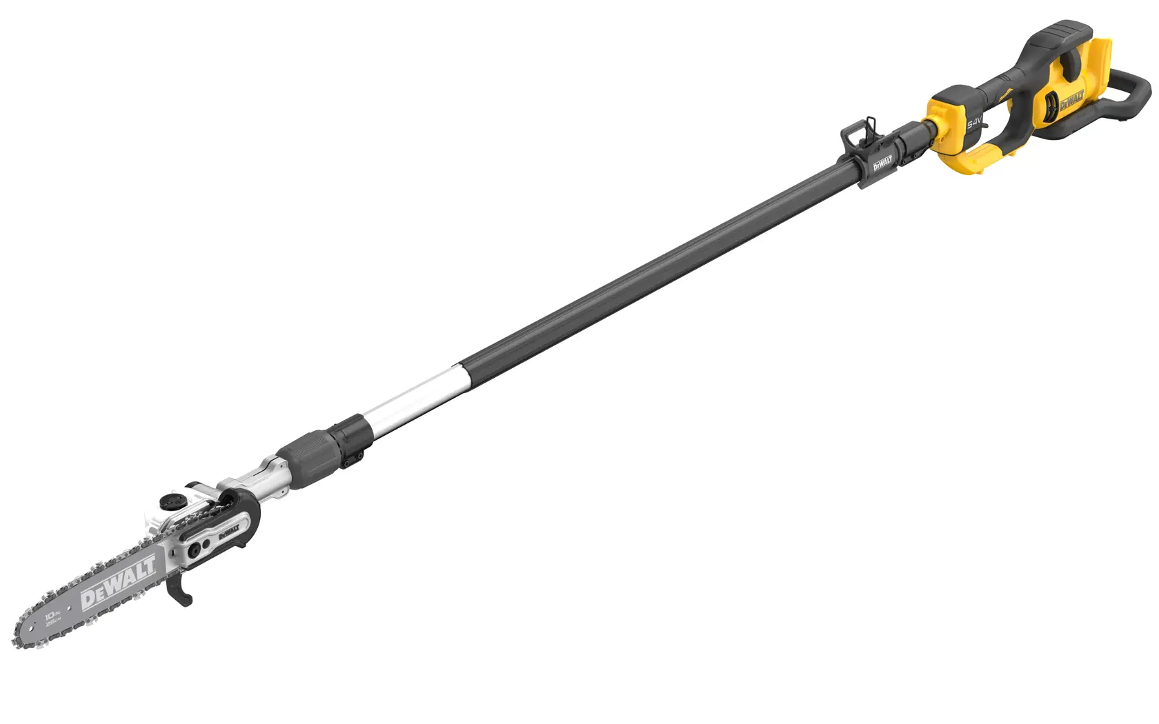 Podadora en pértiga DEWALT inalámbrica con mango largo, para cortar ramas altas fácilmente.