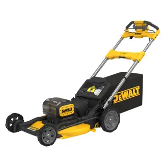 Cortacésped eléctrico inalámbrico DEWALT de diseño amarillo y negro, con motor sin escobillas, mango ajustable y bolsa trasera para la recogida de césped.