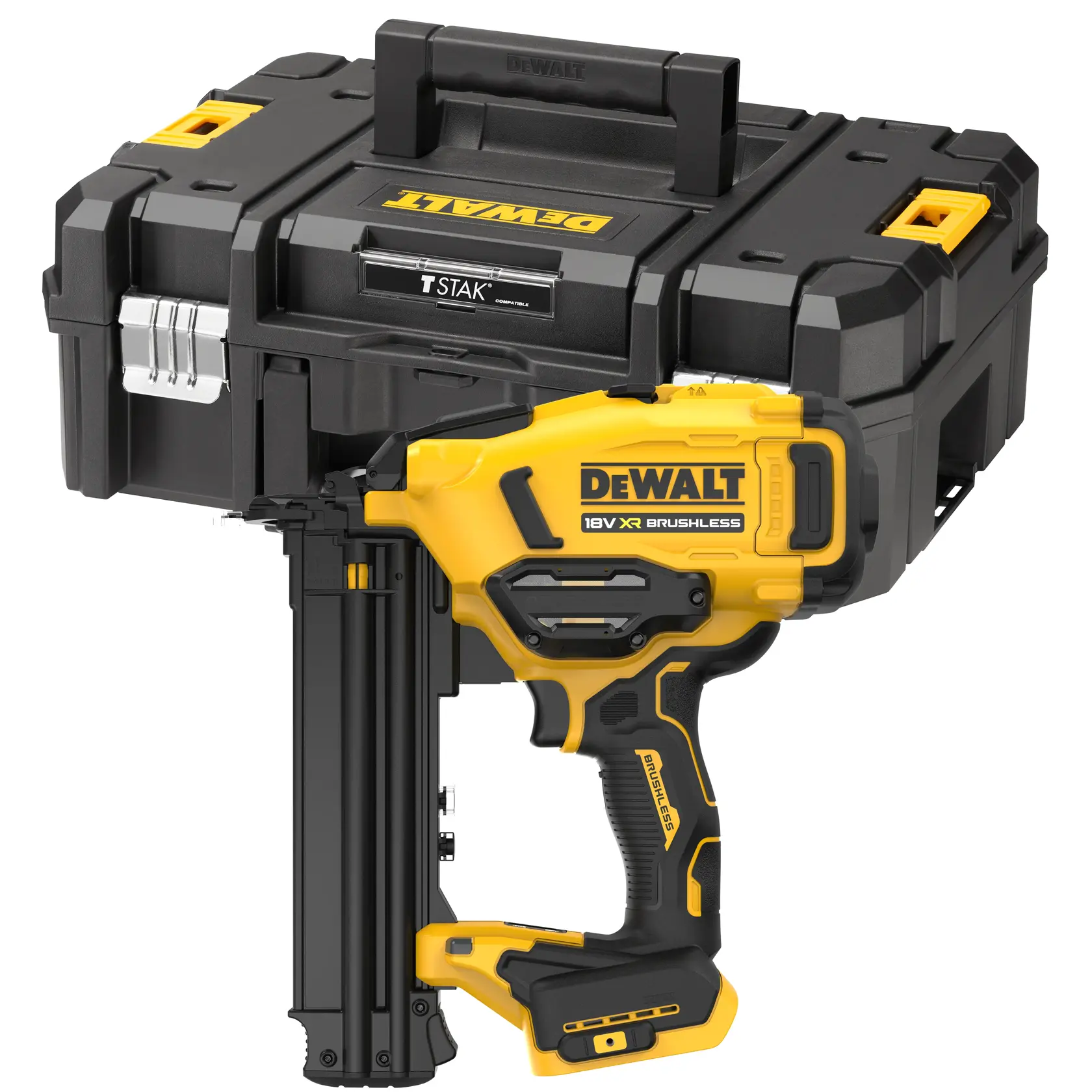 Clavadora DEWALT 18V XR Brushless con estuche TSTAK, diseño compacto y resistente.