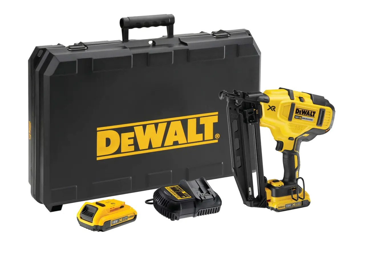 DeWalt Clavadora de Acabado sin escobillas XR 18V con 2 baterías Li-Ion 2Ah 16Ga para clavos de 1,6mm diámetro y 32-63mm largo · DCN660D2-QW