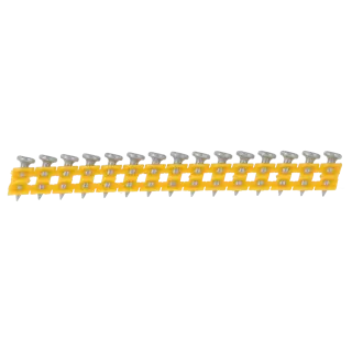 Una tira de clavos agrupados sostenidos por un soporte de plástico amarillo, diseñada para uso con pistolas de clavos.