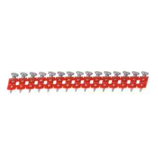 Una tira de clavos metálicos agrupados sostenidos por una tira de plástico roja, utilizada para pistolas de clavos de construcción.