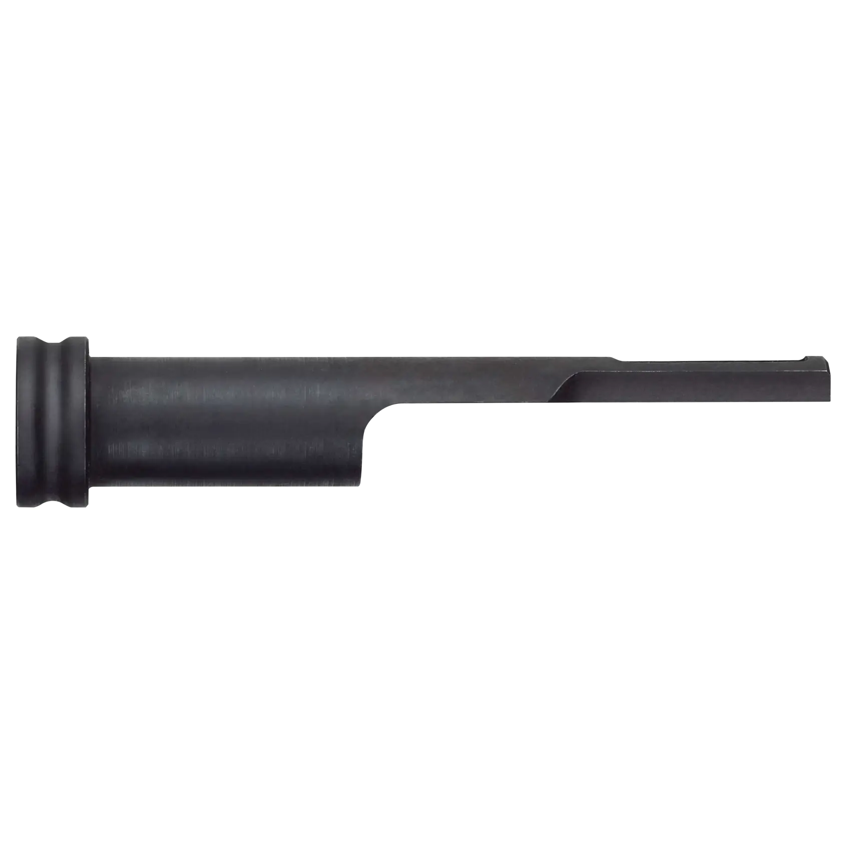 Imagen en primer plano de un adaptador de acero negro DEWALT DCN8904, utilizado para fijar o conectar en herramientas de construcción.