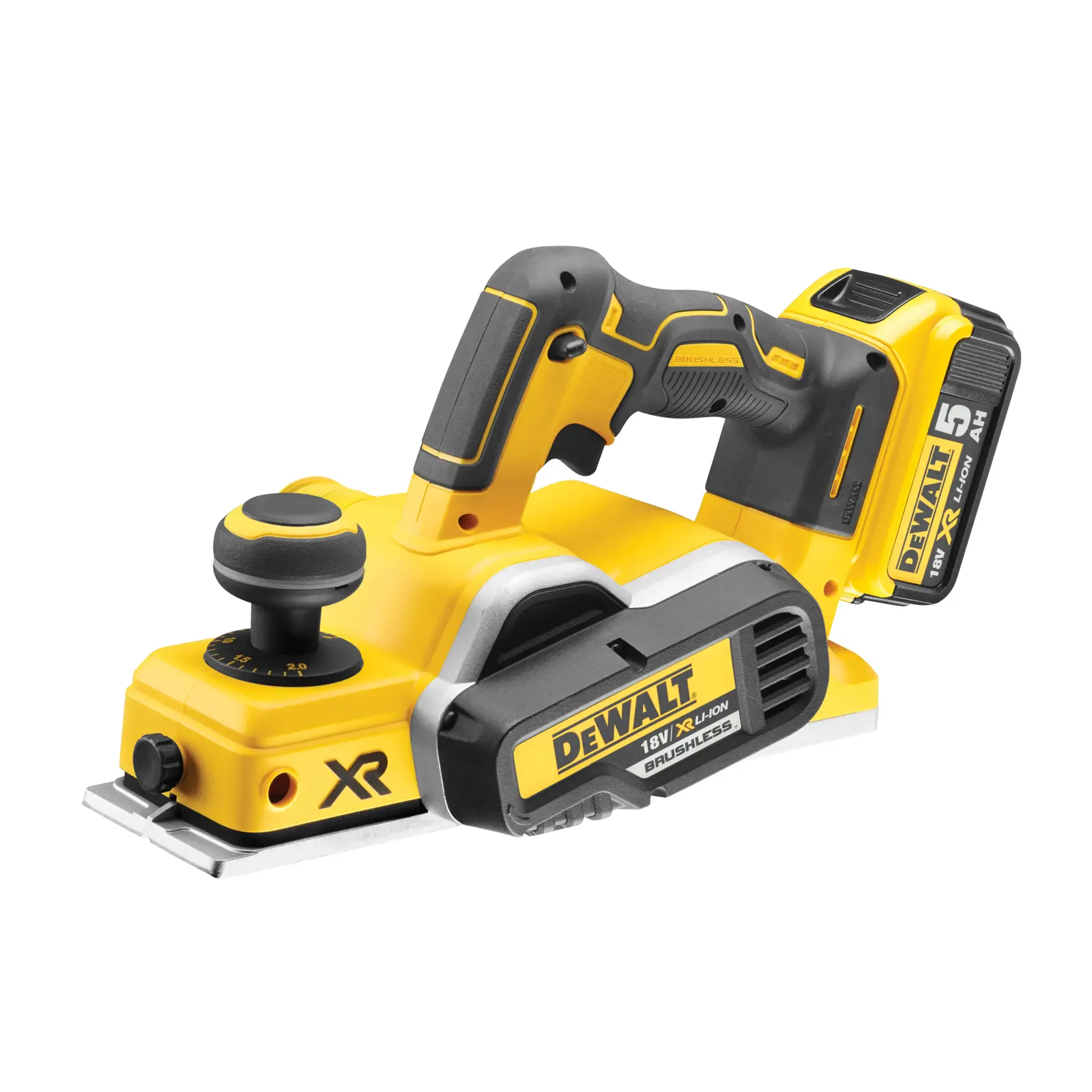 Cepillo inalámbrico DEWALT con mango ergonómico y batería XR 18V 5Ah.