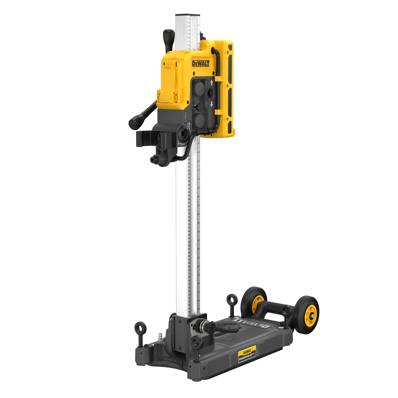 Imagen que muestra el soporte para taladro de núcleo DEWALT DCPS151 Powershift con un taladro amarillo y negro montado verticalmente sobre un riel metálico con ruedas. El producto incluye varios accesorios como palanca de alimentación, conector de manguera de vacío, tuerca de sujeción, varilla roscada, herramienta de ajuste y piezas drop-in. Una lista de elementos incluidos aparece en una sección negra y amarilla en la parte superior.