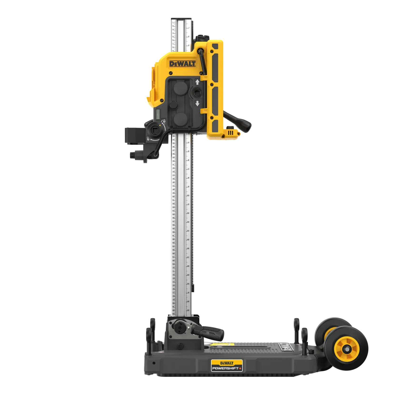 Se muestra un soporte para herramientas DEWALT Powershift. Presenta controles de usuario espejados, un trinquete de ángulo ajustable, un montaje conveniente y una base de vacío integrada. También se destaca el dispositivo de rastreo TOOL CONNECT™ DCE041, que se vende por separado.