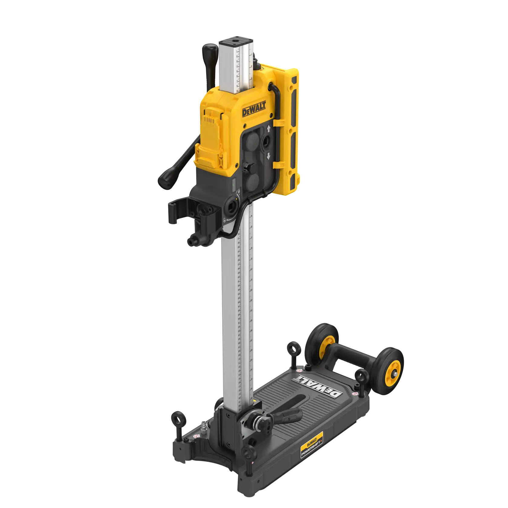 Una herramienta eléctrica DEWALT con base de vacío integrada está siendo instalada por un trabajador que lleva guantes y casco de seguridad sobre una superficie de concreto. La herramienta tiene ruedas amarillas y está conectada a una manguera. El texto en la imagen dice: 'Base de vacío integrada para una instalación rápida y segura.'