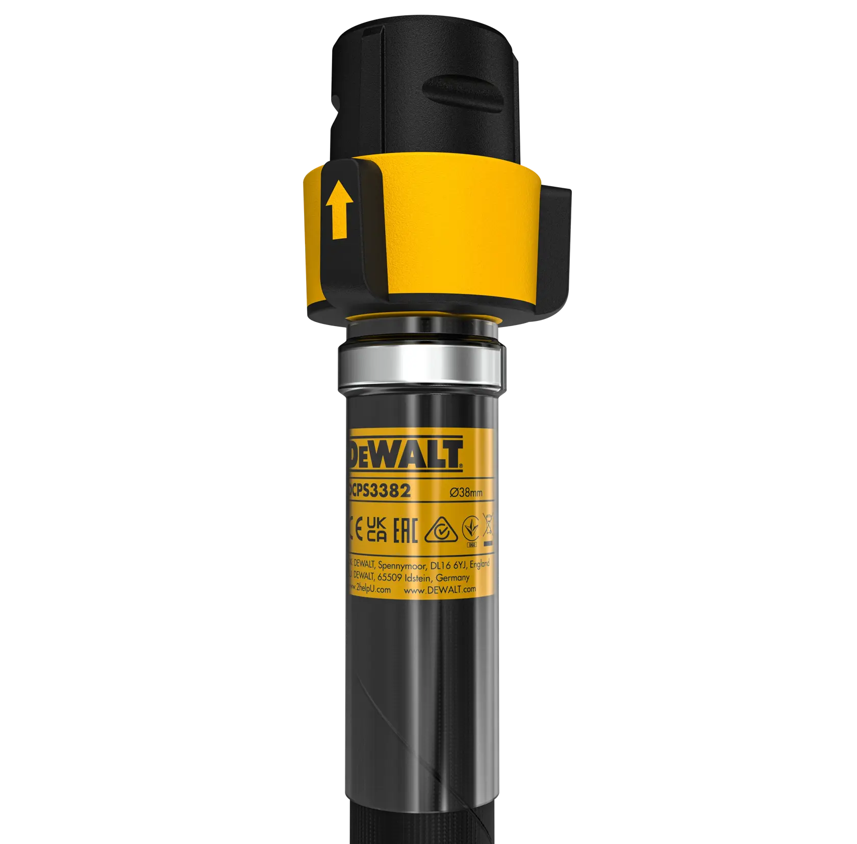 A DEWALT concrete vibrator shaft with a long flexible black cable and a metal vibrating head, designed for construction applications.