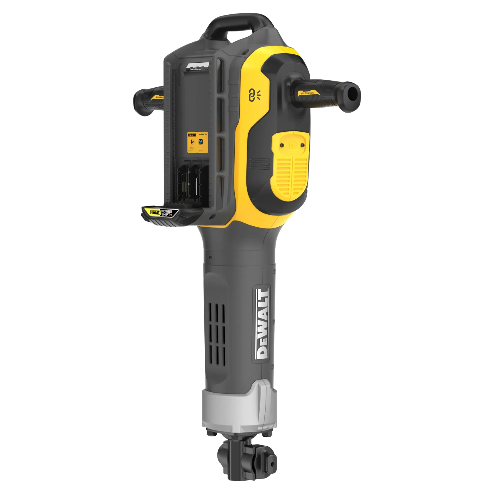 Martillo rompedor inalámbrico DEWALT, modelo DCPS966N, con diseño amarillo y negro, asas prominentes y compartimento de batería, utilizado para tareas de demolición de alta exigencia.