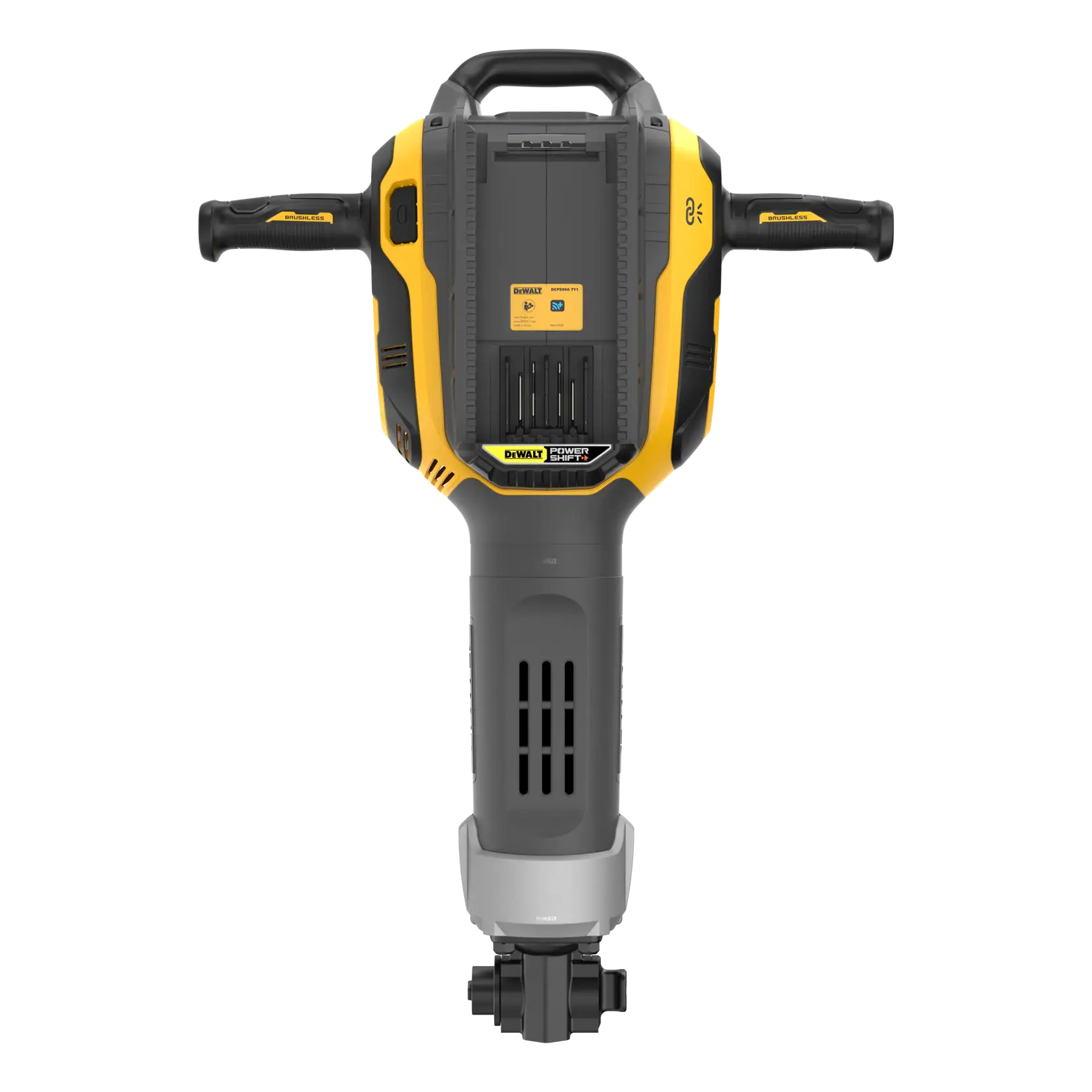 Vista frontal de un martillo demoledor eléctrico DEWALT con carcasa amarilla y negra, dos empuñaduras laterales y panel de control visible.