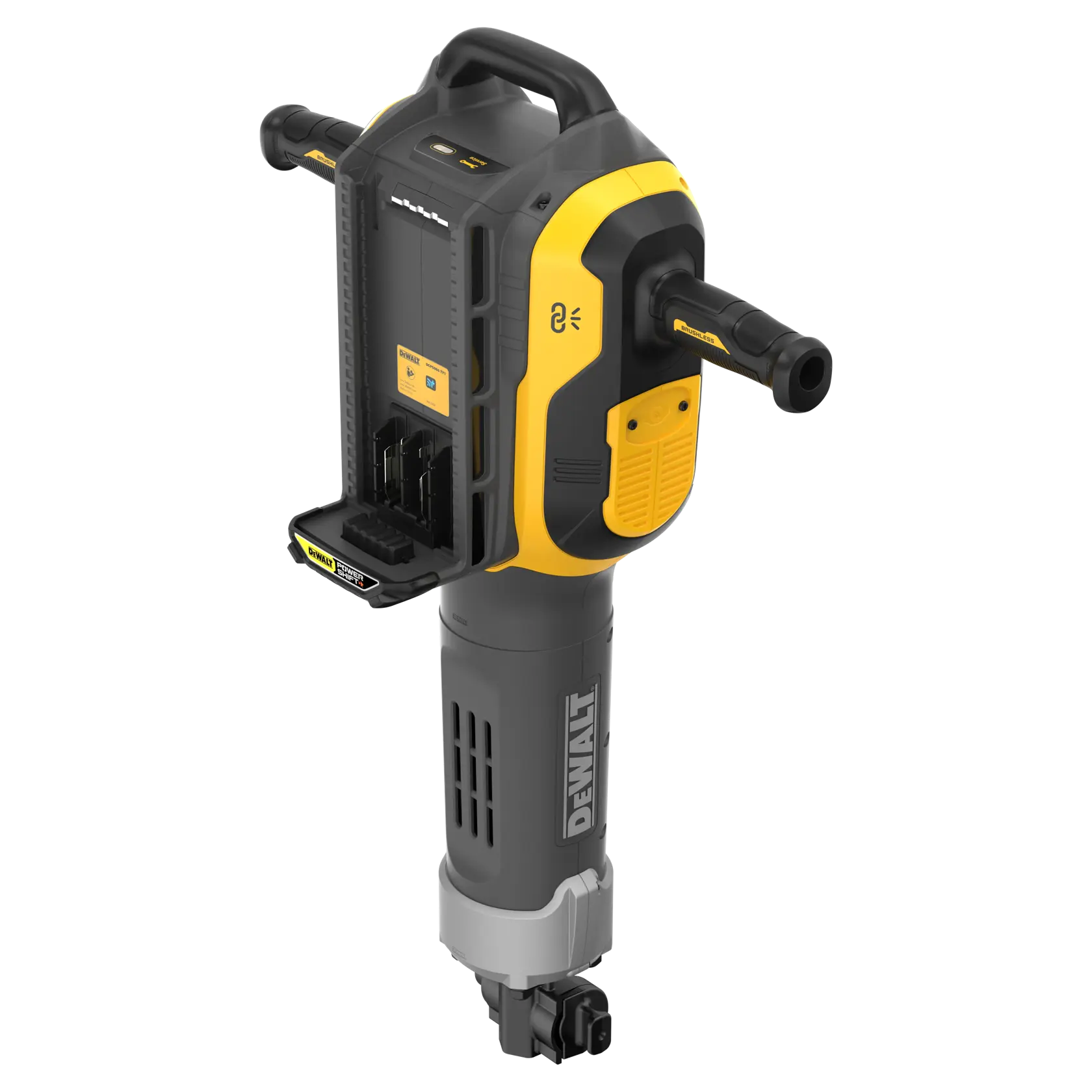 Una herramienta eléctrica DEWALT DCPS966N con cuerpo negro y amarillo, con un asa en la parte superior y dos empuñaduras laterales. El frente muestra el compartimiento de batería abierto y detalles de la marca.