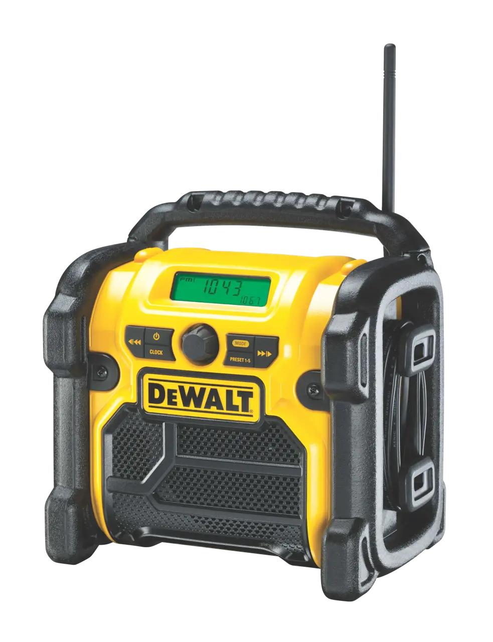 Logotipo de DEWALT en letras negras y audaces centrado sobre un fondo blanco.
