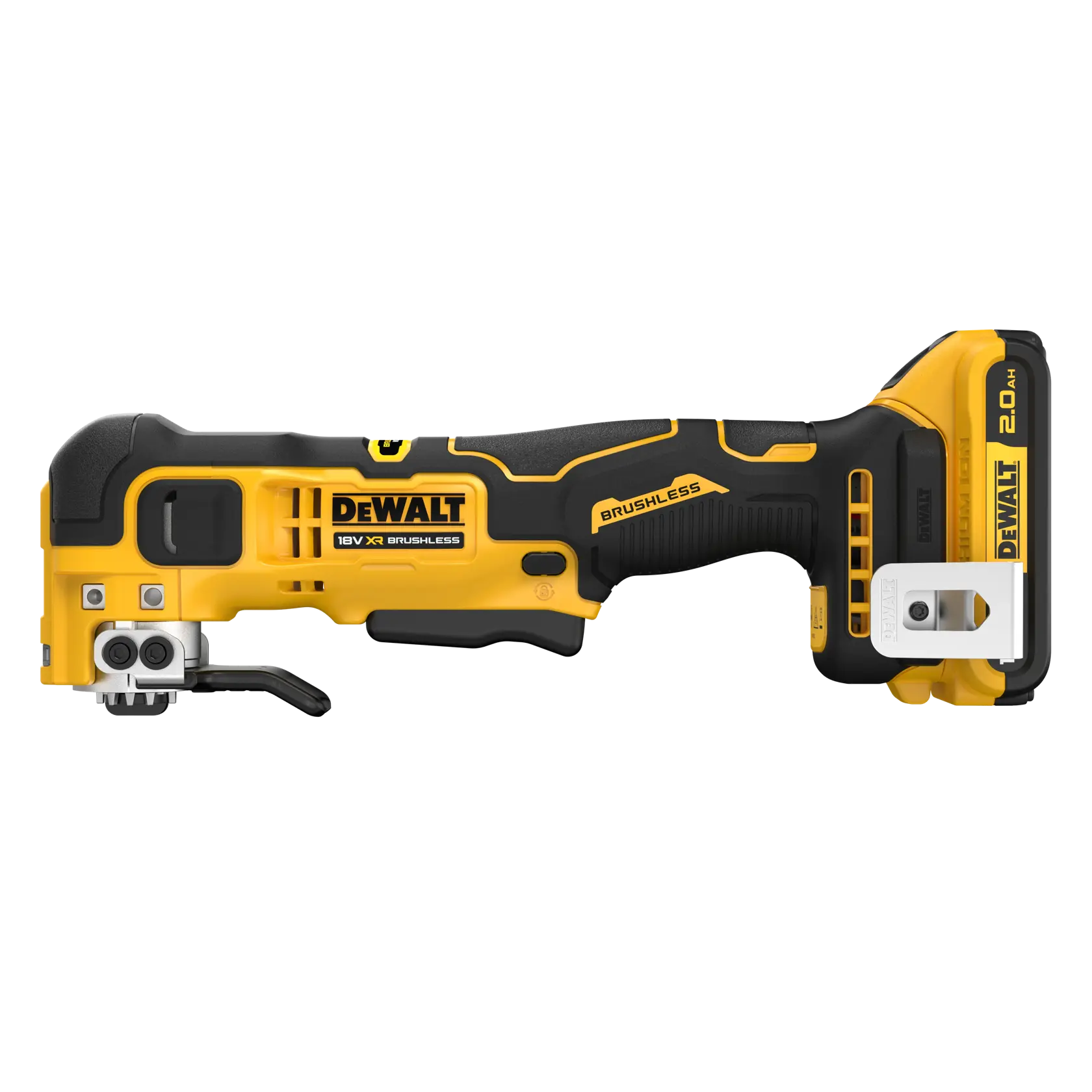 Herramienta oscilante DEWALT 18V brushless inalámbrica con batería, vista lateral sobre fondo blanco.