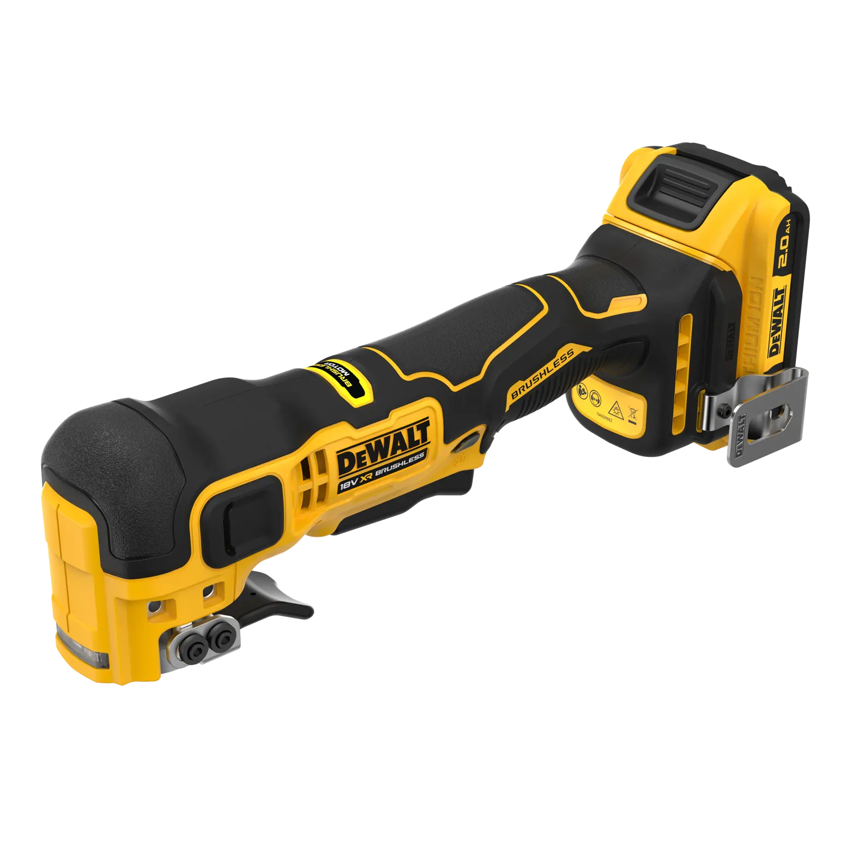 Herramienta oscilante DEWALT sin cable, motor brushless y batería de 18V, en amarillo y negro.