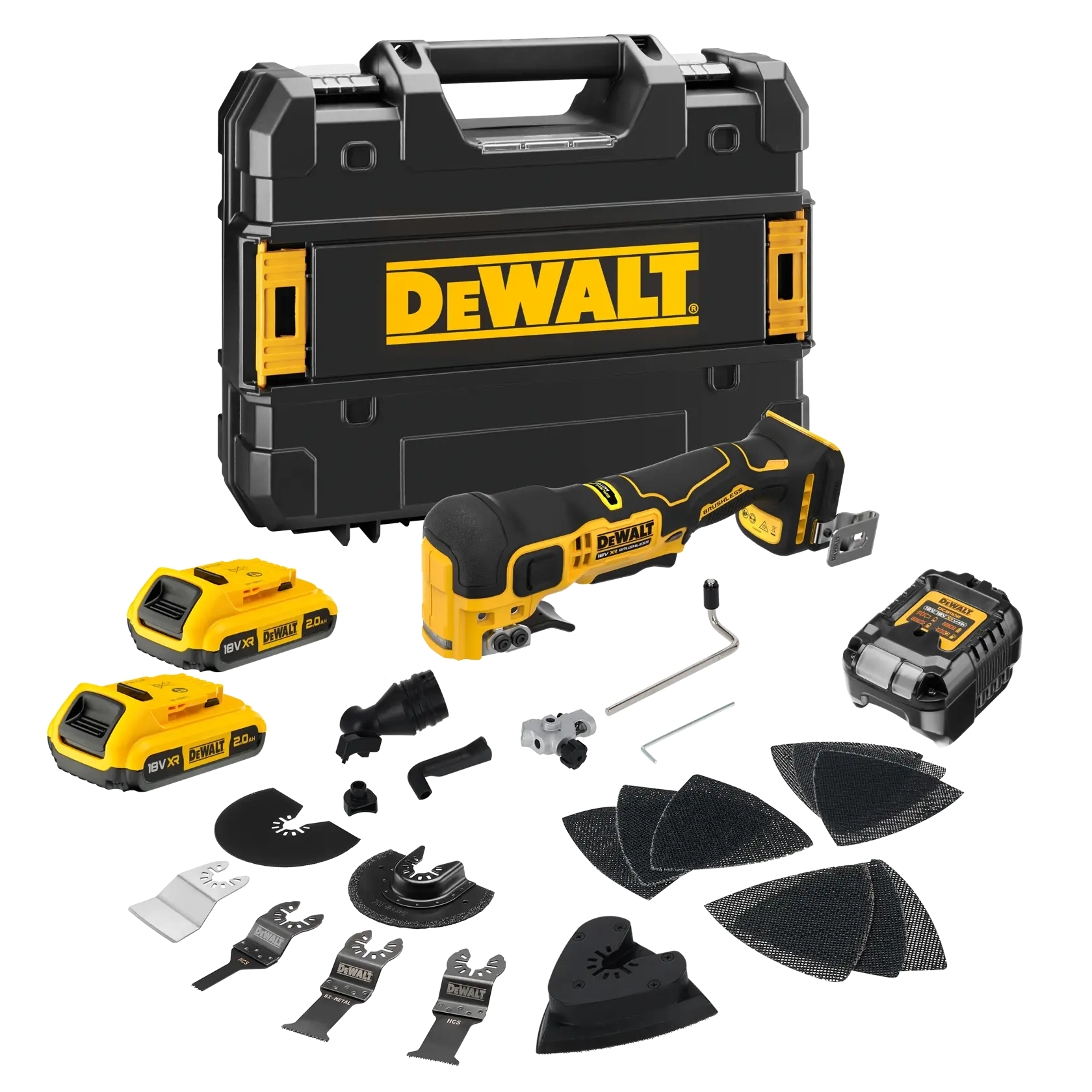 Kit multiherramienta inalámbrica DEWALT con maletín, baterías, cargador, hojas, lijas y accesorios.