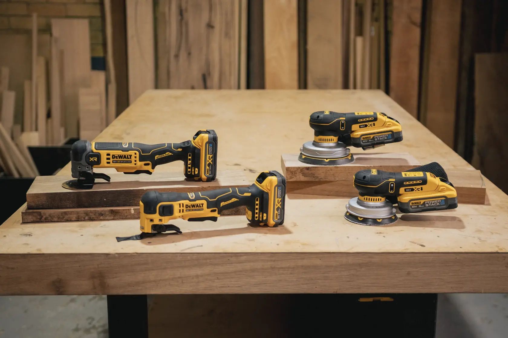 Cuatro herramientas DEWALT inalámbricas sobre mesa de madera en taller, incluyendo lijadoras y multiherramientas.