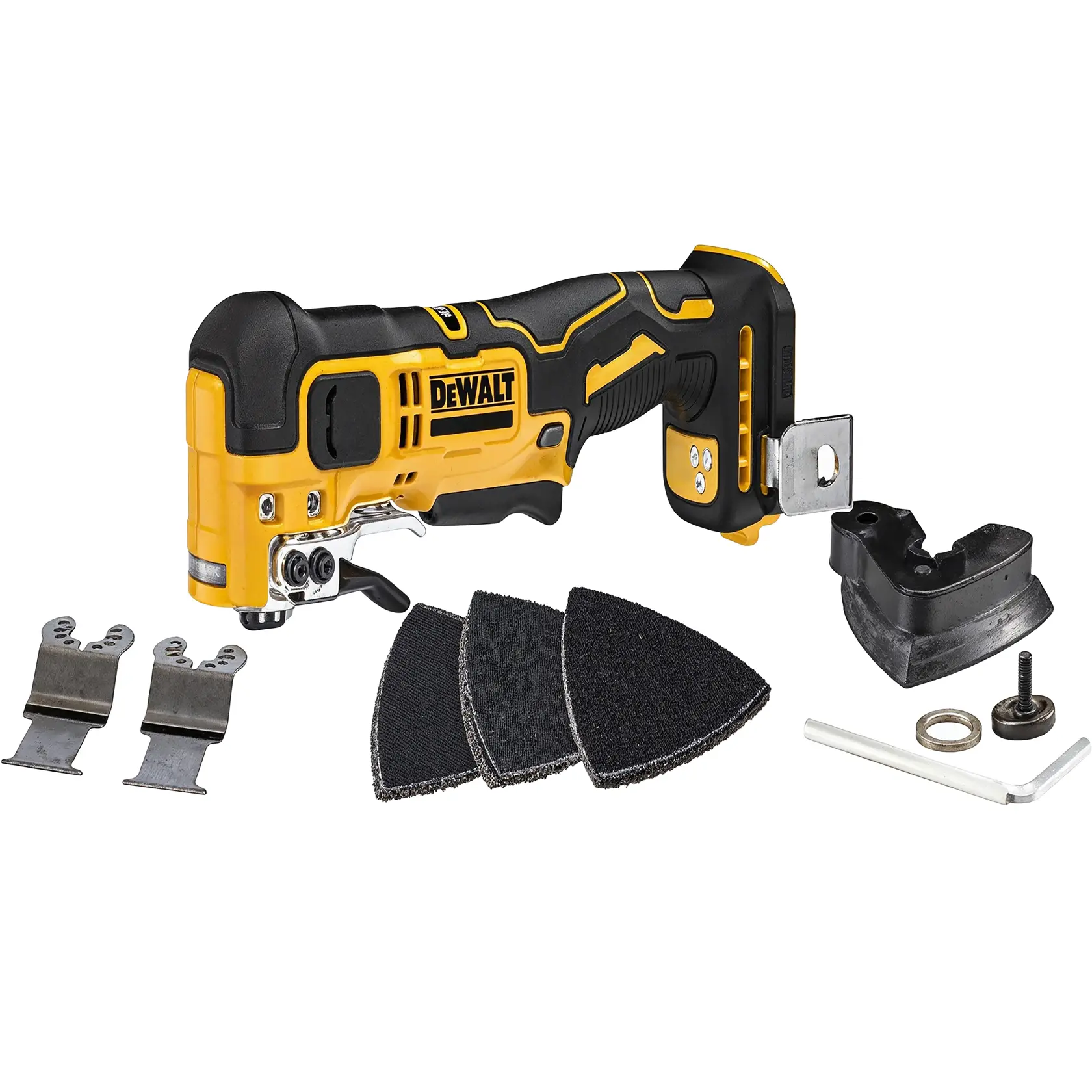 Herramienta DEWALT inalámbrica con almohadillas de lijado, cuchillas, llave y accesorios sobre fondo blanco.