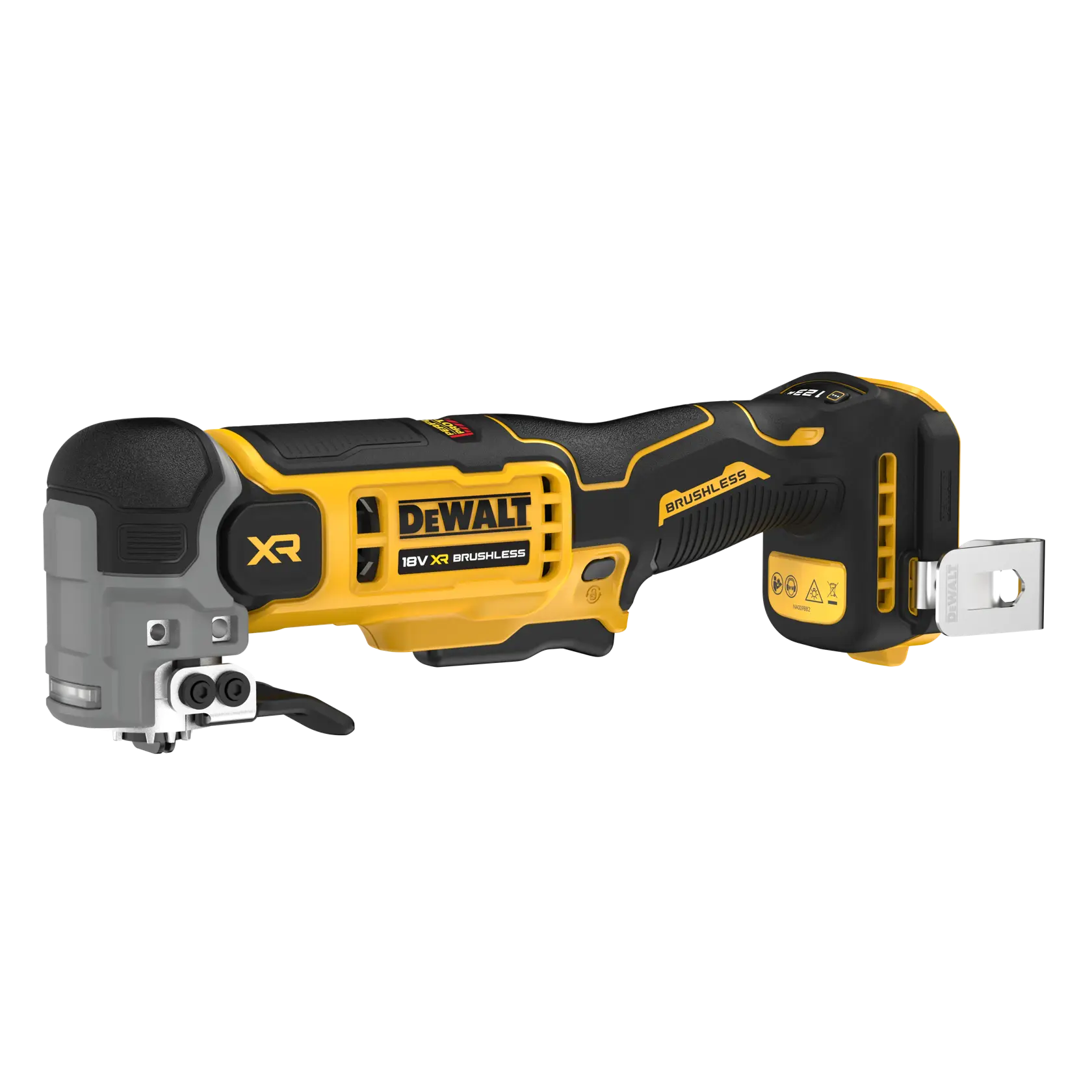 Herramienta DEWALT 18V XR brushless inalámbrica, negra y amarilla, sobre fondo blanco.