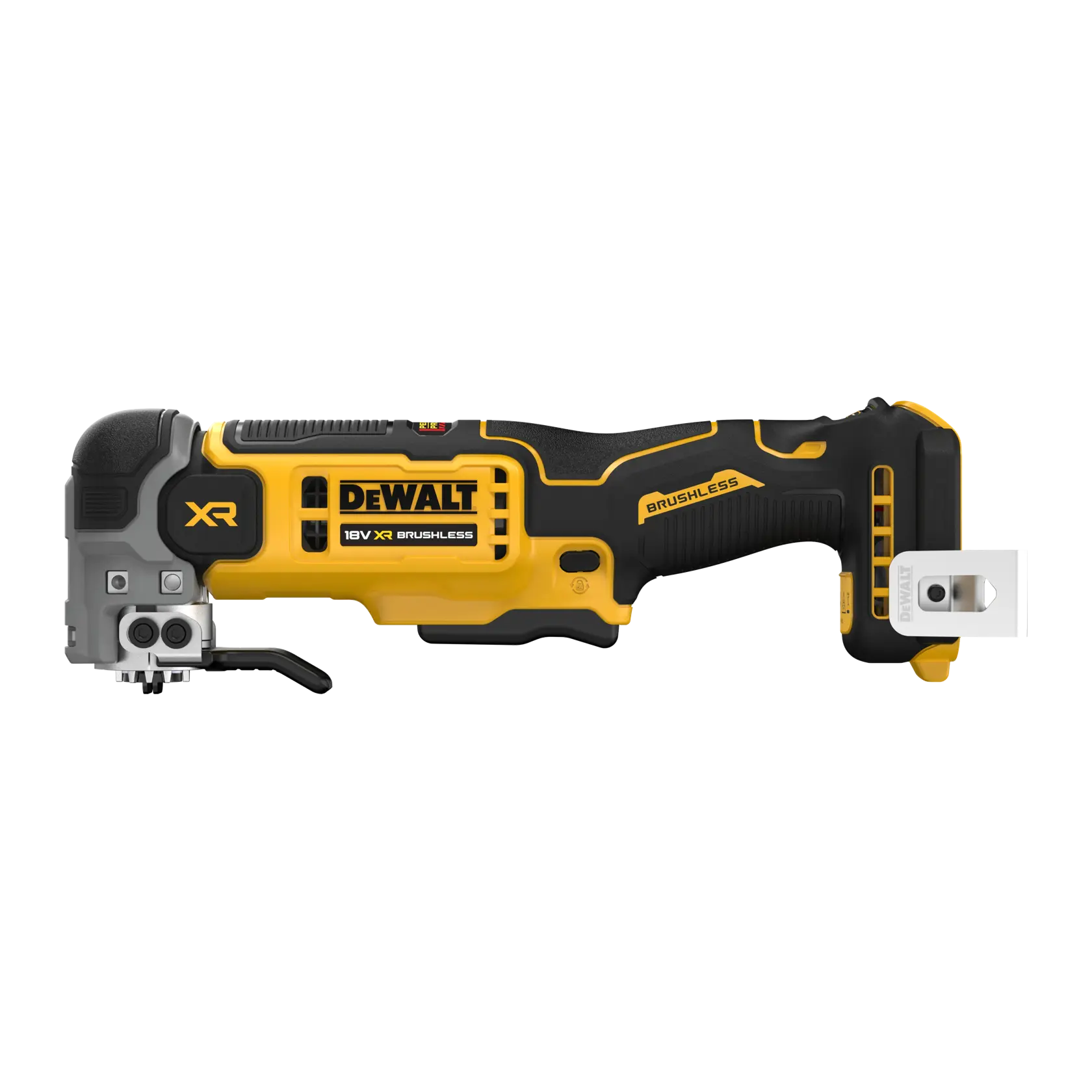 Herramienta inalámbrica DEWALT 18V XR Brushless, amarilla y negra, vista lateral con accesorio.