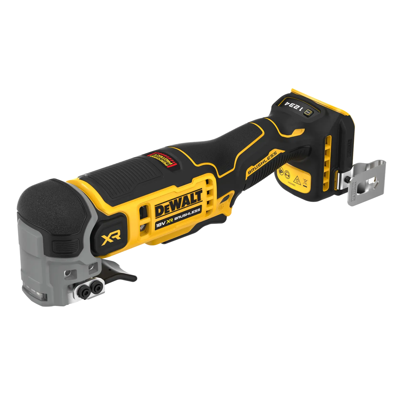 Herramienta multiuso DEWALT 18V XR brushless oscilante, diseño ergonómico en amarillo-negro, sobre fondo blanco.