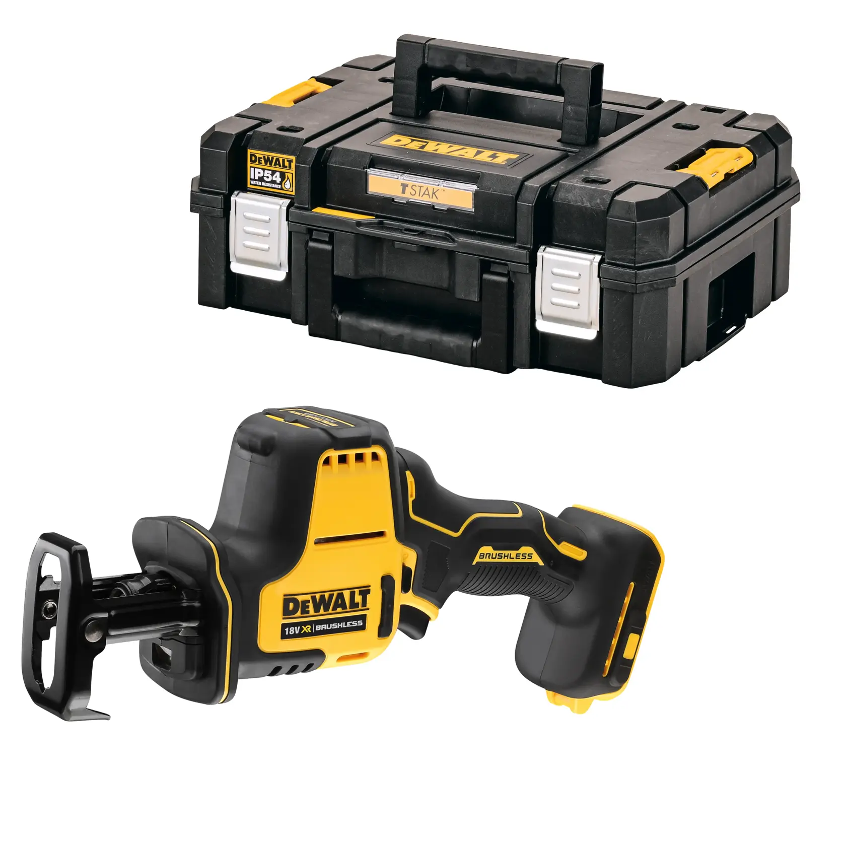 Se muestra una sierra recíproca DEWALT 18V XR Brushless junto a una caja de almacenamiento negra y amarilla DEWALT TSTAK. Ambas herramientas están sobre un fondo blanco.