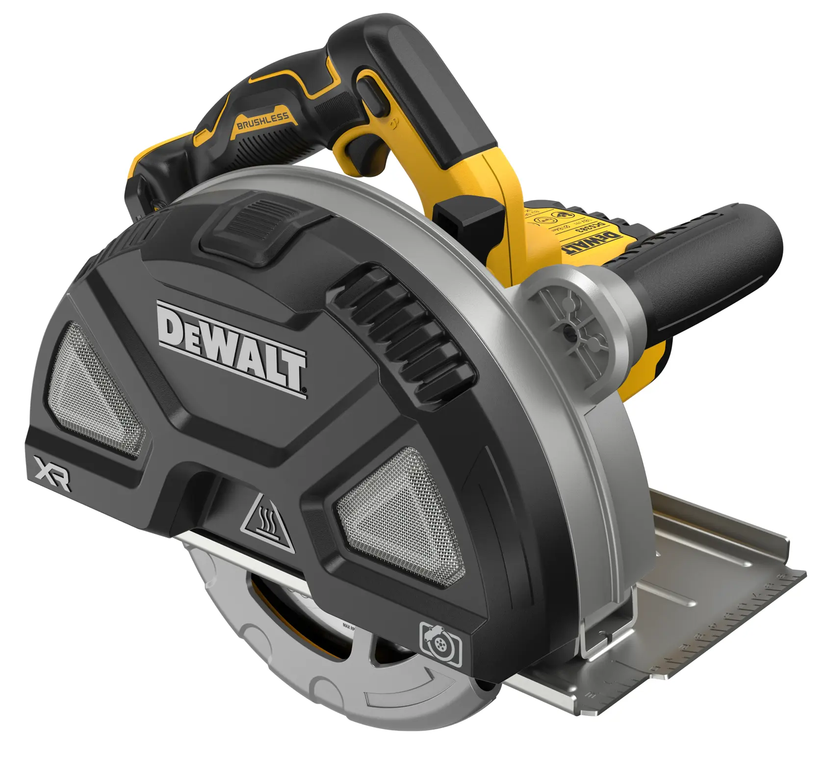 Sierra DEWALT, fotografía, SKUs DCS383N, DCS383N-XJ. Herramienta amarilla y negra con cubierta.