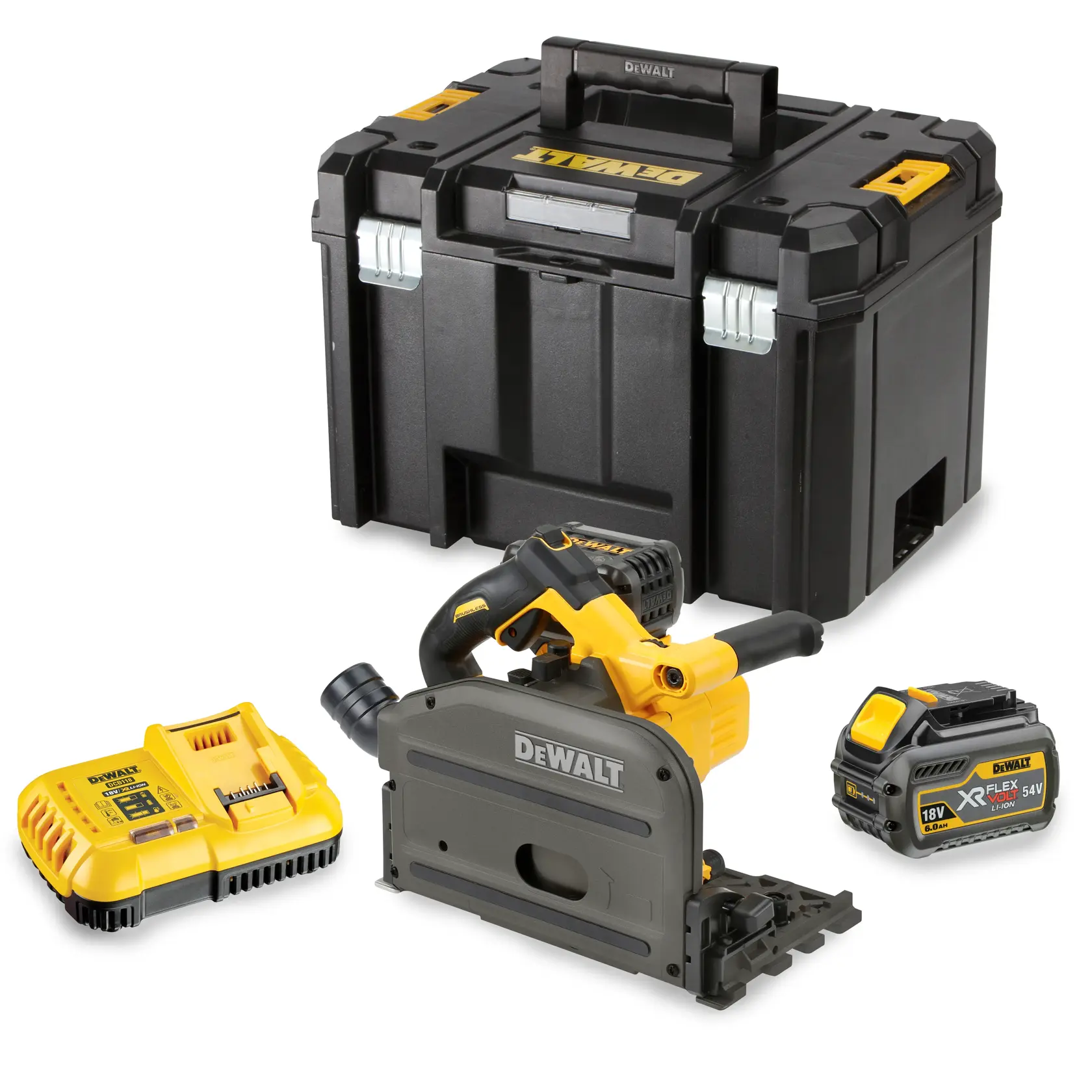 Kit de sierra de inmersión sin cable DEWALT DCS520T2-XE con batería XR FLEXVOLT 54V, cargador y maletín de almacenamiento negro.
